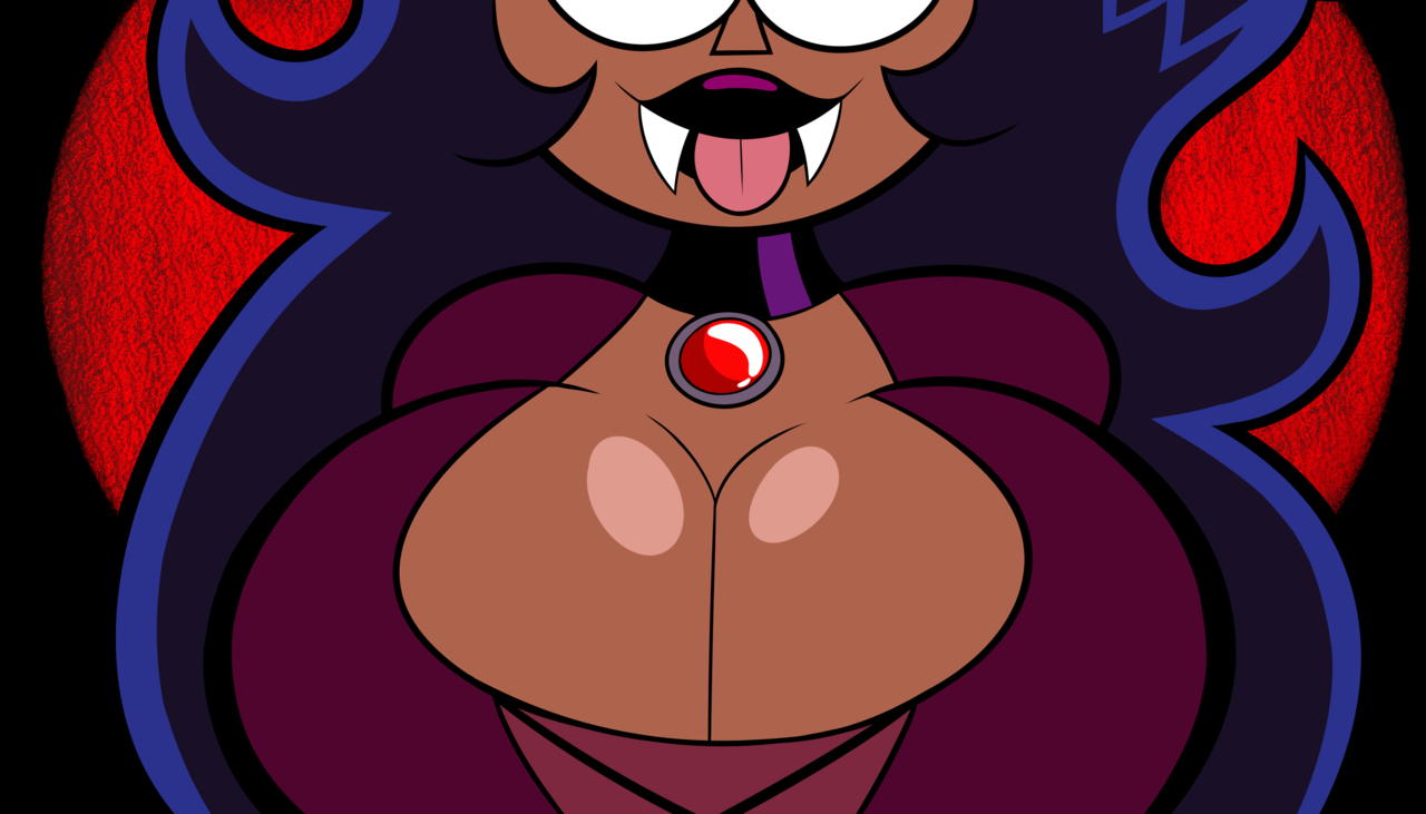 black hair, black lipstick, blep, breasts, cartoon network, choker, cleavage, cute, dark skin, dark-skinned female, dress, fangs, female, female only, huge breasts, large breasts, lipstick, long hair, milf, oboithisisfunky, ok k.o.! let's be heroes, tongue, tongue out, top heavy, vampire, wilhamena