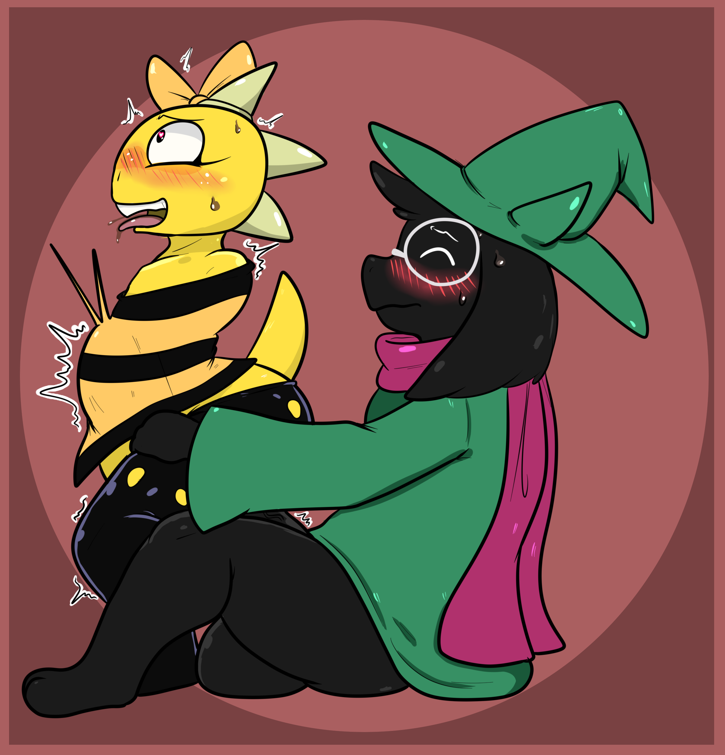 1boy, 1girls, 2d, abdominal bulge, ambiguous penetration, anthro, anthro male, anthro penetrating, artist request, black fur, blush, bulge, caprine, crossgender, deltarune, female, female penetrated, femboy, from behind, furry, furry male, genderswap, goat, male, male penetrating, male penetrating female, mammal, monster, monster kid, penetration, ralsei, ralsei with black fur, rule 63, scalie, sex, side view, straight, sweat, tagme, undertale, undertale (series), yellow body