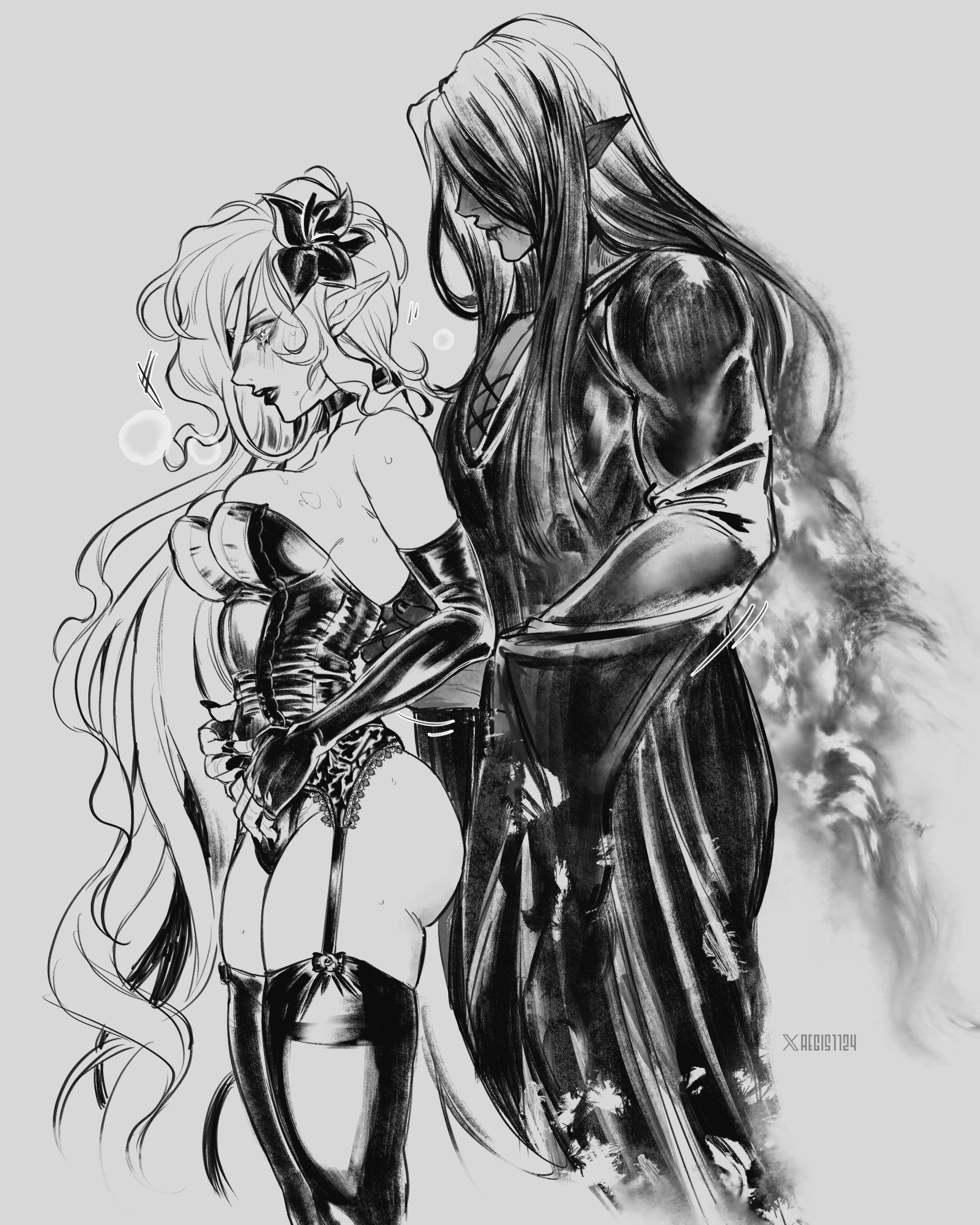 1boy, 1girls, 2d, aegis1124, cookie run, cookie run kingdom, digital media, female, grey background, latex, latex corset, latex lingerie, male, male and female focus, monochrome, silent salt cookie, straight, white lily cookie