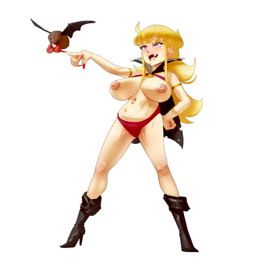 1girls areolae big_breasts blonde_hair boots boxing_gloves cape fangs female functionally_nude light-skinned_female long_hair open_mouth original_character painted_nails panties partially_clothed pointing pointy_ears purple_eyes red_panties toorops vampire vampire_bat