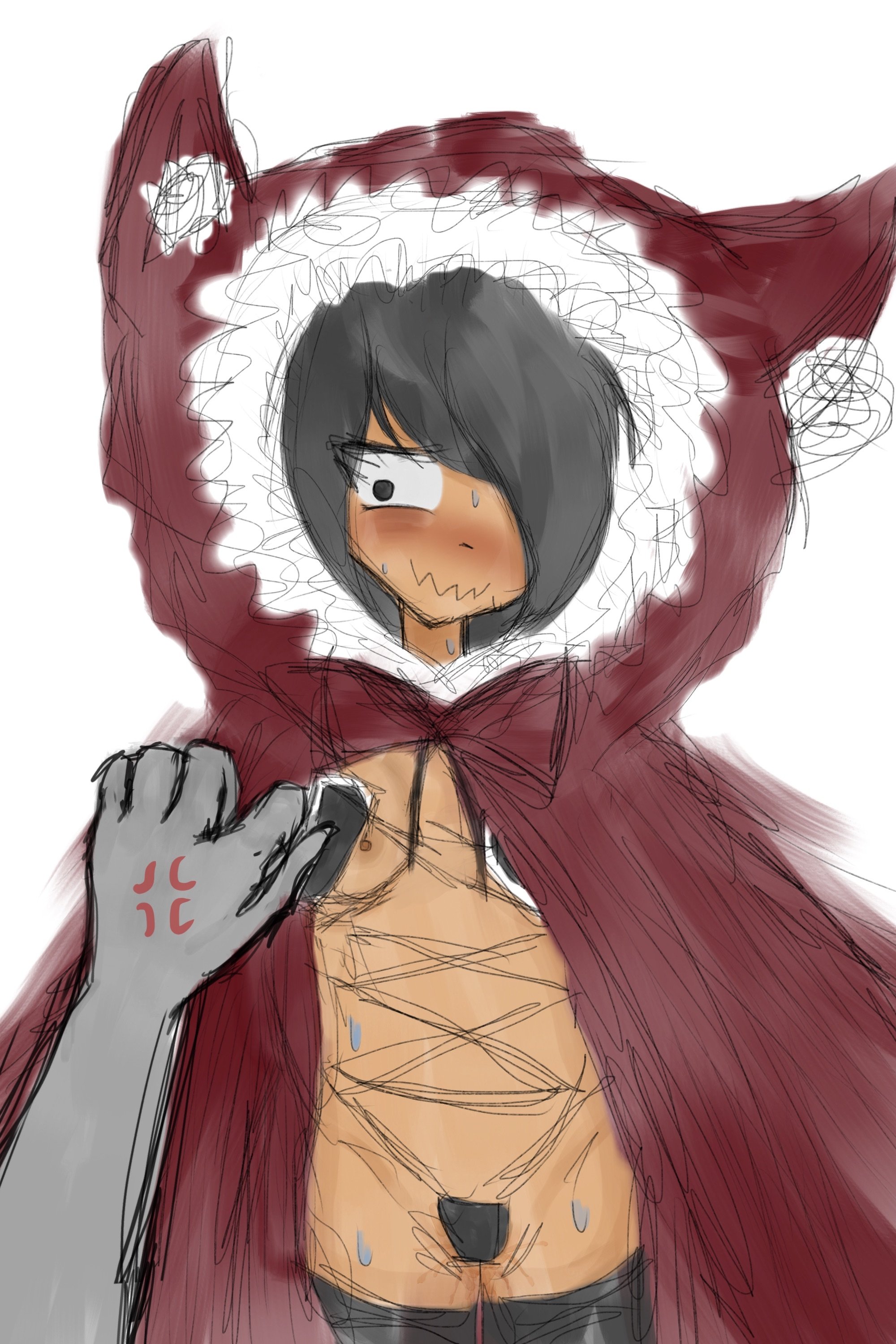 1girls, artist request, black souls, blush, crossover, female, lifting bra, maya schoppenboer, nipple slip, offscreen character, ongezellig, red hood (black souls), tagme