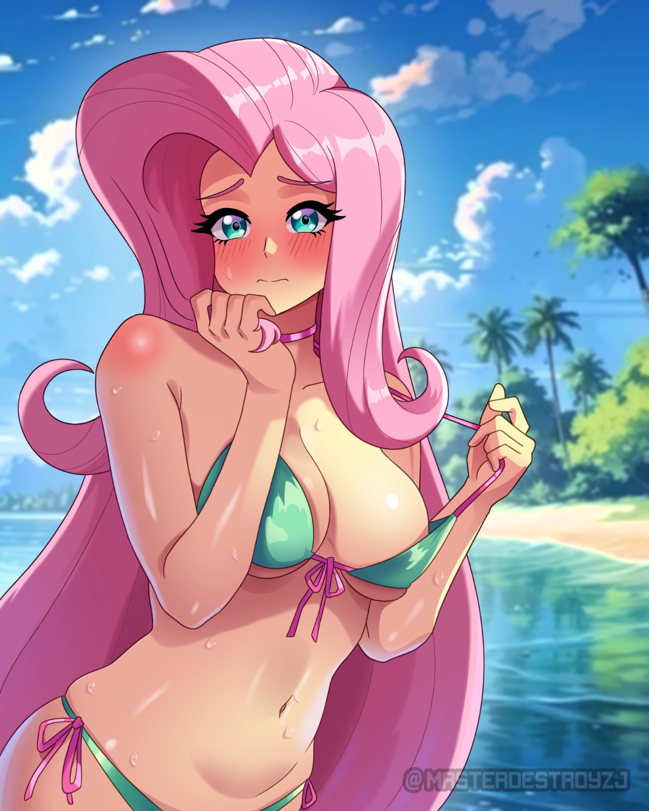 big breasts, big thighs, big titties, bikini, breasts, clothing, curvaceous, curvy figure, curvy hips, equestria girls, female, female focus, female only, fluttershy (eg), fluttershy (mlp), green eyes, long hair, looking at viewer, masterdestroyzj, my little pony, pink hair, pool, rubber, yellow skin