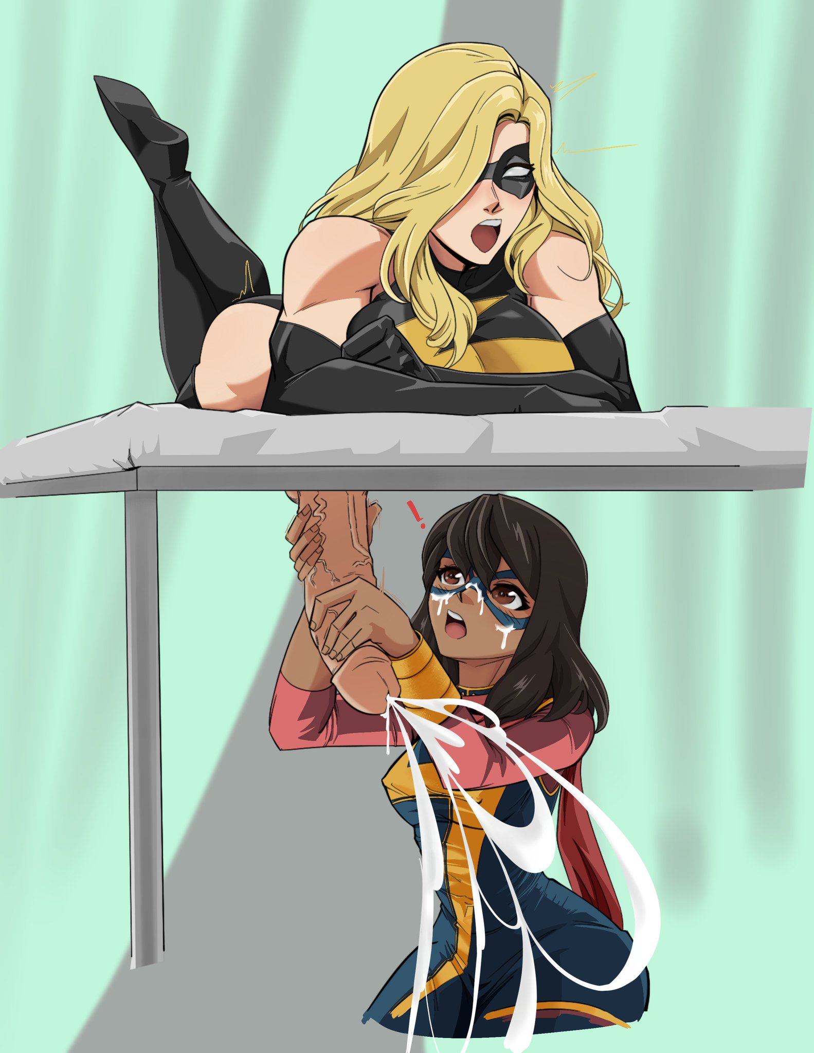 1futa, 1girls, 2d, big breasts, big penis, blonde hair, blonde hair female, boots, breasts, color, cum, cum on face, domino mask, ejaculation, female, female on futa, futa/female, futanari, gloves, handjob, hole in table, huge cock, intersex, kamala khan, large penis, leotard, long hair, marvel, marvel comics, mask, masked, masked female, massage, massage table, milking table, ms. marvel, ms. marvel (carol danvers), ms. marvel (kamala khan), on stomach, penis, redturtleartist, superhero, superhero costume, superheroine, tagme, veiny penis