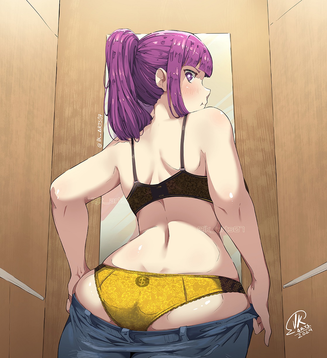 1girls, ass, ass focus, black bra, bra, denim, dressing room, female, fern (sousou no frieren), high ponytail, highres, indoors, jeans, jk arts07, looking back, panties, pants, ponytail, purple eyes, purple hair, solo, sousou no frieren, underwear, yellow panties