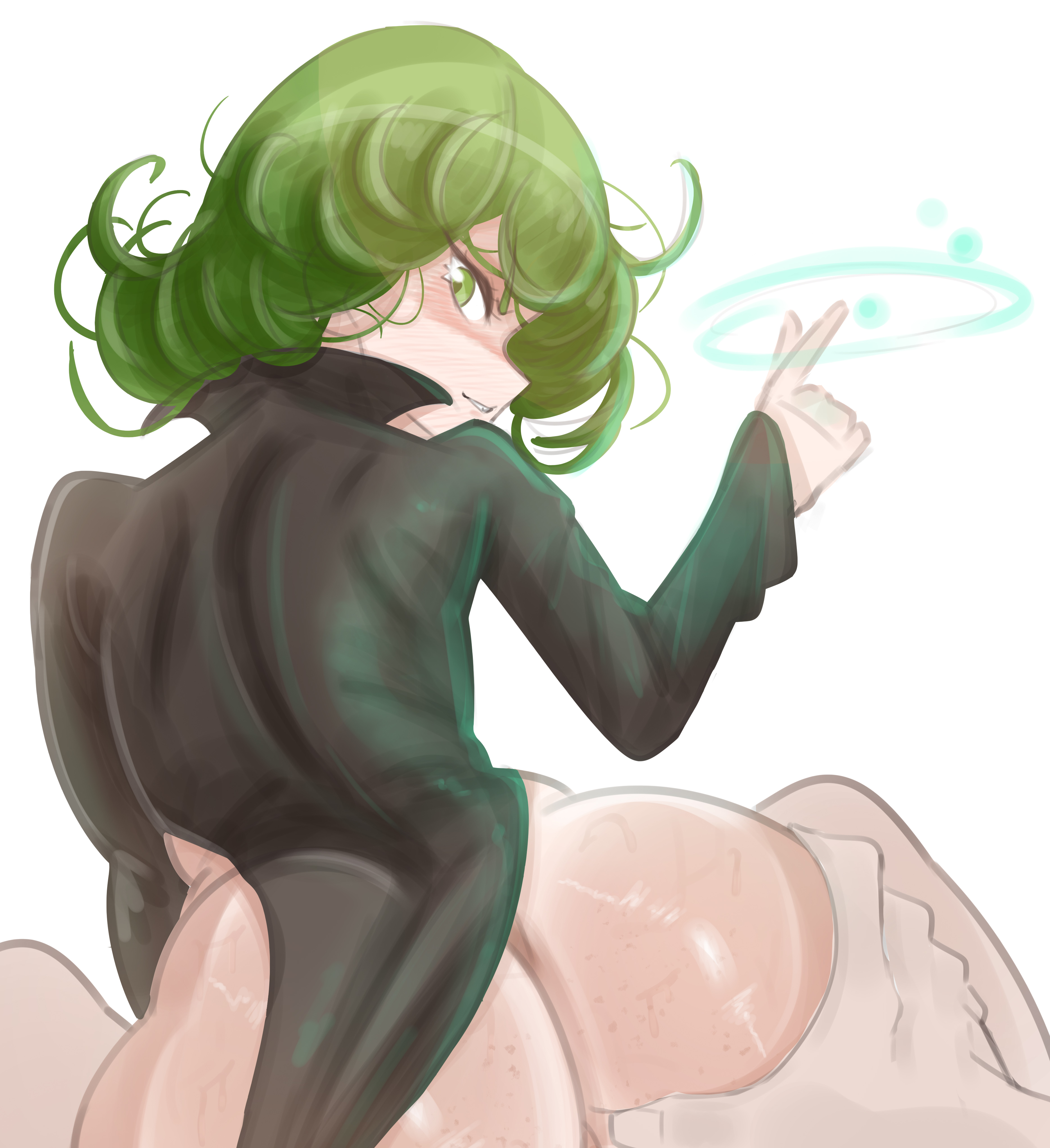 1boy, 1girls, ass, ass grab, big ass, black clothing, blush, bubble butt, clothed, clothing, dress, duo, emiillb, faceless male, female, female focus, from behind, grabbing, grabbing ass, grabbing from behind, green eyes, green hair, groping, groping ass, groping from behind, hand on ass, large ass, light skin, light-skinned female, light-skinned male, long sleeves, looking at viewer, looking back, looking back at viewer, male, male/female, matching hair/eyes, messy hair, no panties, no underwear, nopan, one-punch man, rear view, smile, smiling at viewer, tatsumaki, unseen male face, viewed from behind, wavy hair, wide hips
