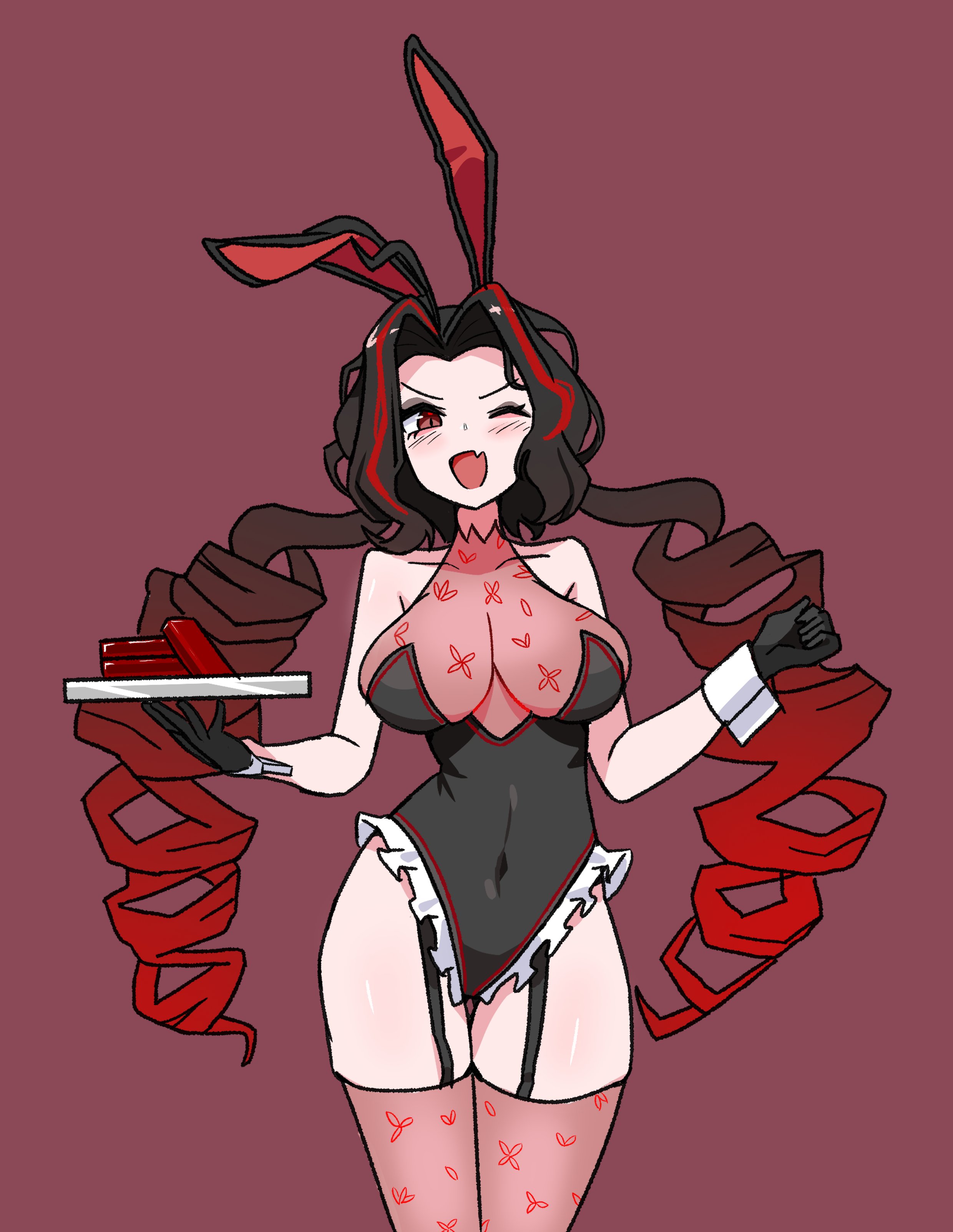 :d, absurdres, ahoge, alternate costume, animal ear hairband, animal ears, black gloves, black hair, black leotard, breasts, bunny ears, cat nip, catnip scent, covered navel, cute fang, drill hair, eyebrows, eyelashes, fake animal ears, female, frilled leotard, frills, garter straps, gloves, hairband, highres, holding, holding tray, large breasts, leotard, light skin, light-skinned female, limbus company, long hair, looking at viewer, mouth open, multicolored hair, navel, navel visible through clothes, nicolina (limbus company), nicolina (project moon), one eye closed, open mouth, playboy bunny, project moon, rabbit ear hairband, rabbit ears, red background, red eyes, red hair, red thighhighs, see-through cleavage, see-through clothes, simple background, skin fang, smile, smiling, solo, standing, strapless, strapless leotard, streaked hair, thick thighs, thighhighs, thighs, tray, twin drills, upper body, very long hair, voluptuous, voluptuous female, white wrist cuffs, wrist cuffs