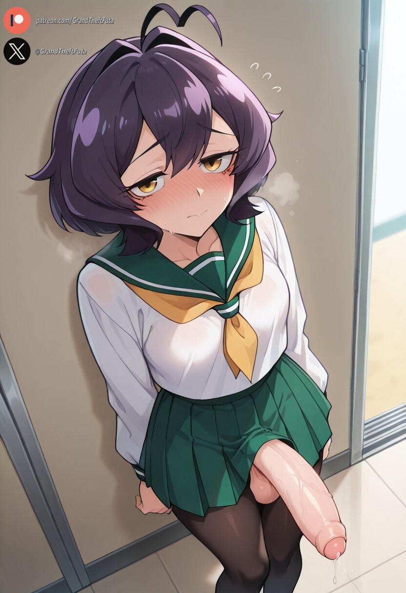 1futa, ai generated, balls, big penis, black hair, blush, breasts, clothing, cock, dickgirl, futa only, futanari, high-angle view, hiiragi utena, huge cock, indoors, intersex, light skin, light-skinned futa, looking at viewer, mahou shoujo ni akogarete, penis, precum, roxygtf, short hair, small breasts, solo, standing, sweat, sweating, sweaty body, watermark, yellow eyes