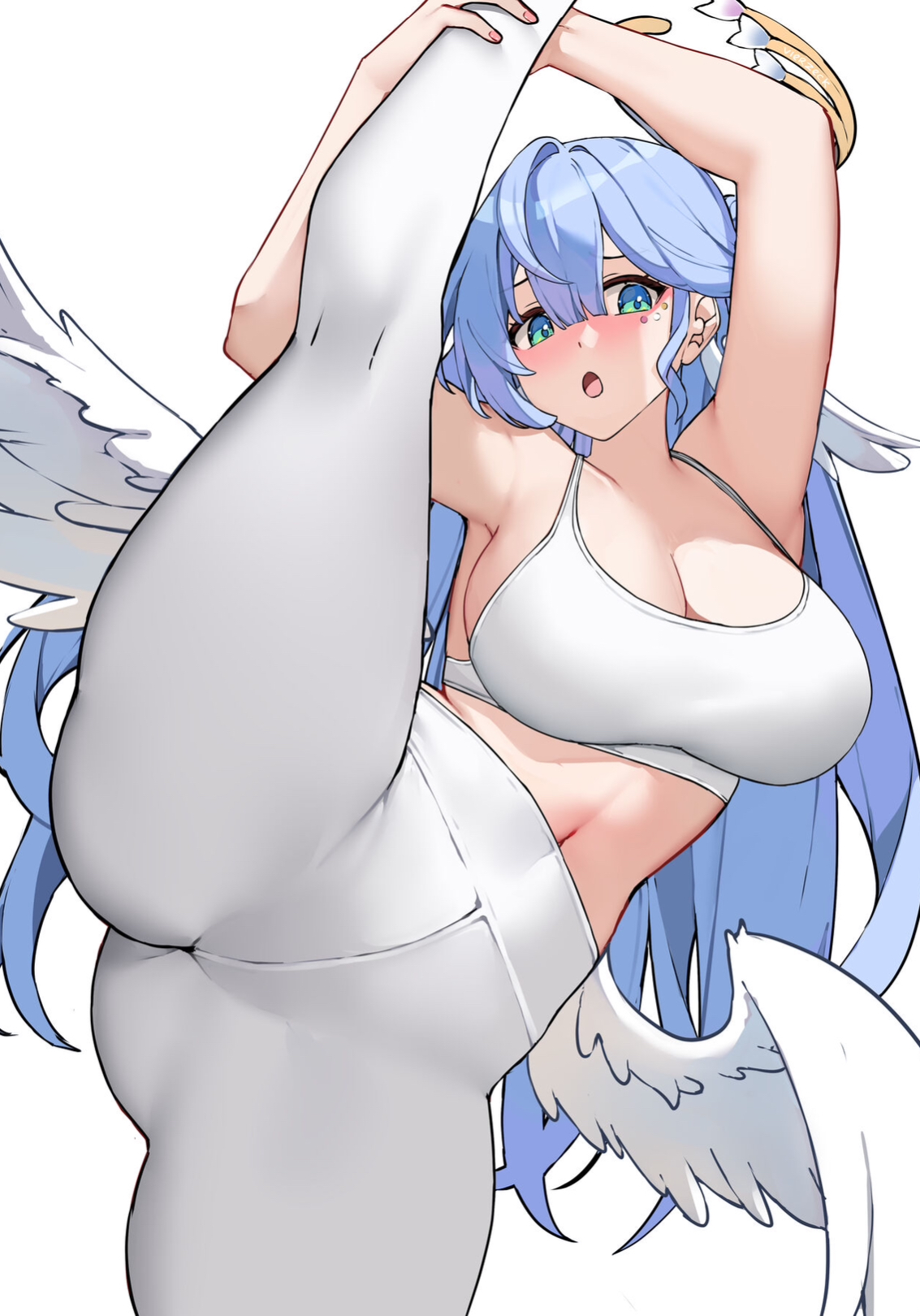:o, 1girls, female, female focus, green eyes, hand up, highres, hips, honkai (series), honkai: star rail, legs up, long hair, open mouth, robin (honkai: star rail), solo, solo female, solo focus, sports bra, sports uniform, stretching, stretching legs, thick thighs, thighs, vierzeck, white background, wings, wings on head