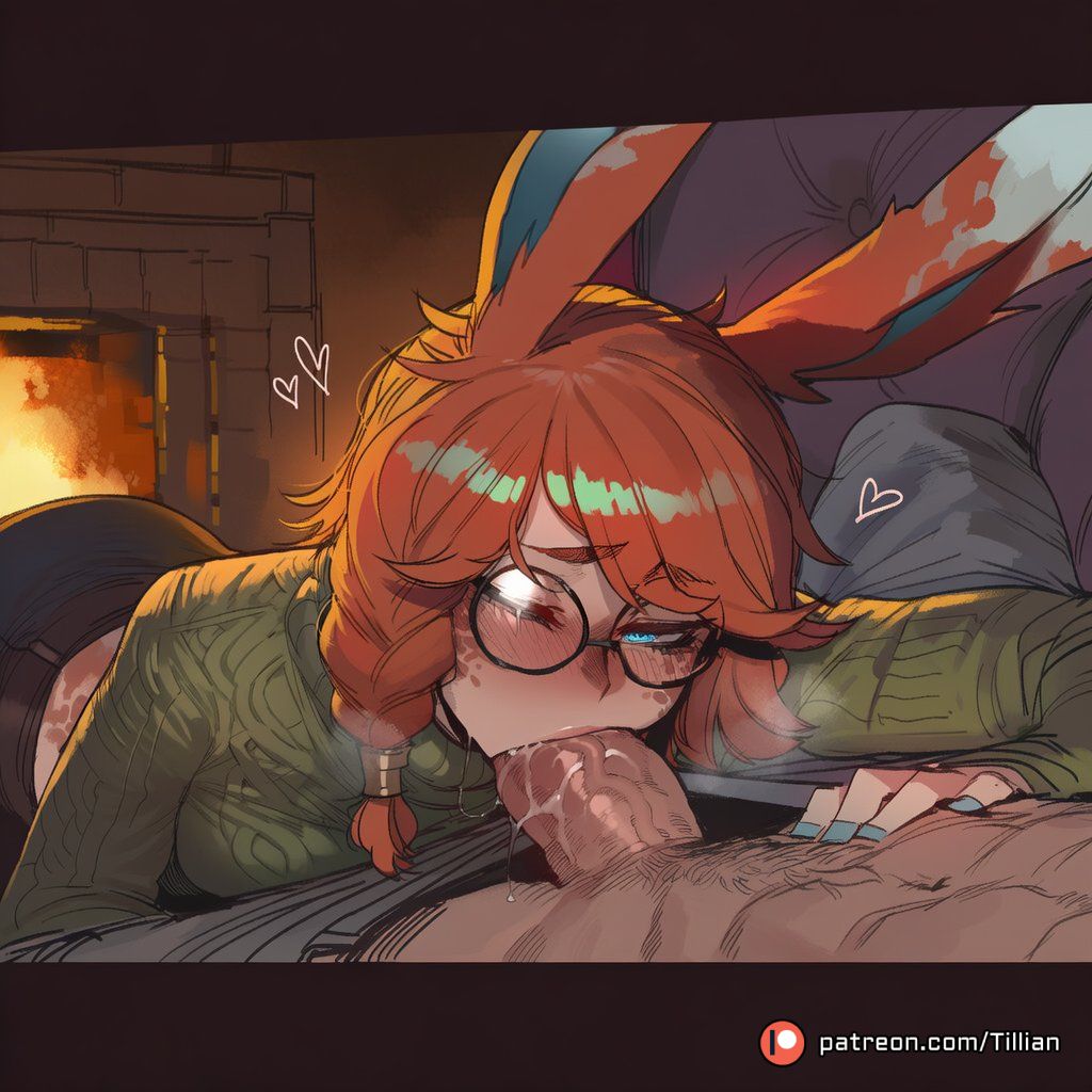 1boy, ai generated, animal ears, ass, aurora (league of legends), black-framed eyewear, blue eyes, blue nails, blush, braid, breasts, clothed female nude male, clothed sex, dark penis, erection, fellatio, female, fireplace, freckles, glasses, glowing eye, green sweater, heart, heterochromia, large penis, league of legends, league of legends: wild rift, long hair, looking at viewer, male, male pubic hair, nail polish, oral, orange hair, pants, pants pull, patreon username, penis, pov, pubic hair, rabbit ears, red hair, round eyewear, saliva, side braid, single braid, solo focus, straight, sweater, tillian, turtleneck, turtleneck sweater, uncensored, veins, veiny penis, viera