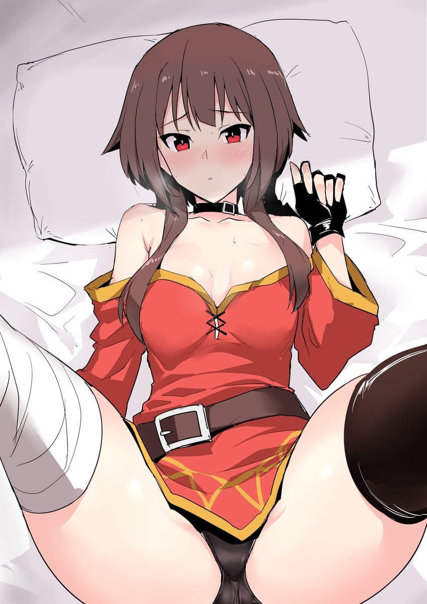 bandaged_leg bandages blush female halcon harukon_(halcon) kono_subarashii_sekai_ni_shukufuku_wo! looking_at_viewer lying megumin on_back panties red_eyes sidelocks thighhighs