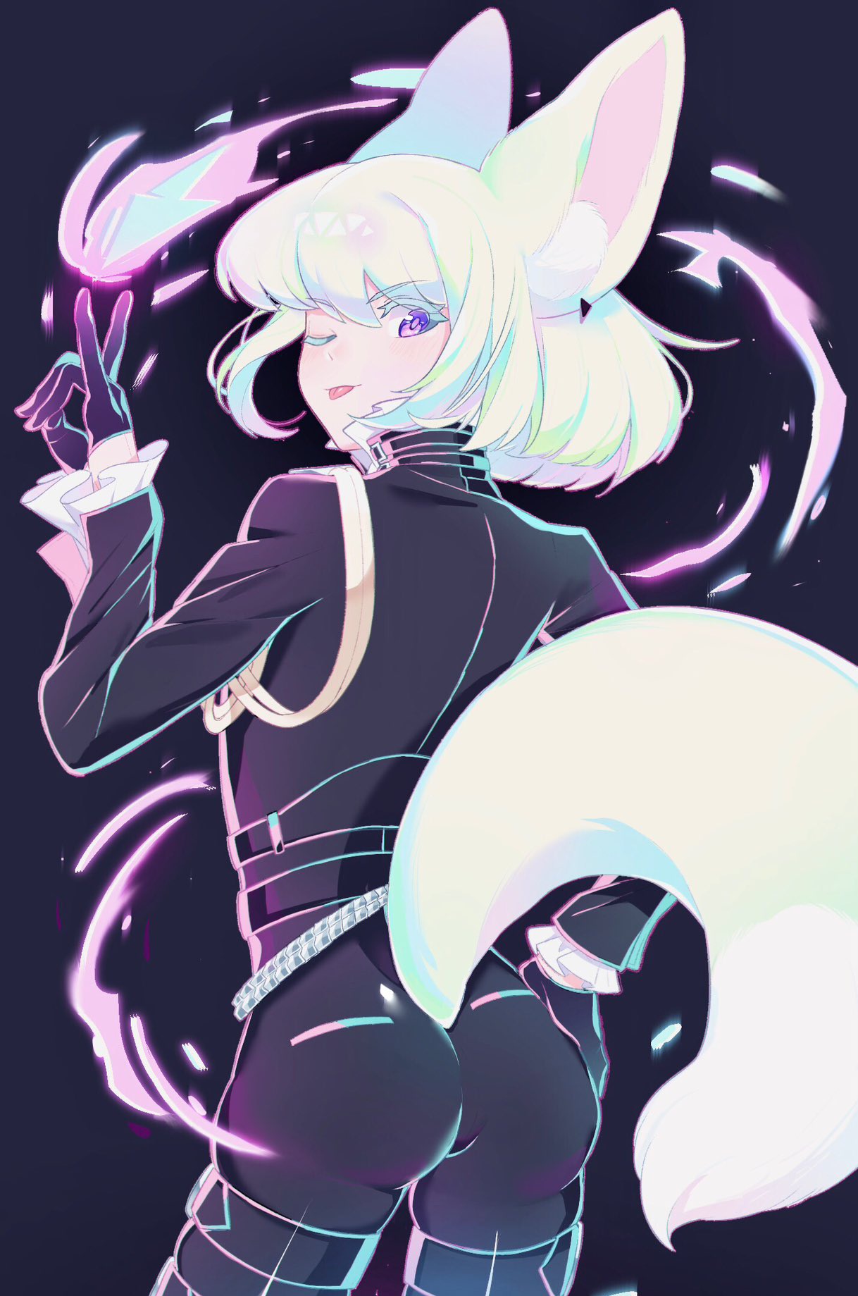 1boy, androgynous, animal ears, ass, ass focus, back view, bulge, bulge through clothing, clothed, clothing, femboy, femboy only, fox boy, fox ears, fox tail, fully clothed, lio fotia, oyasaiiis, petite, petite body, petite male, promare, slim, slim male, slim waist, solo, tight clothing, twink