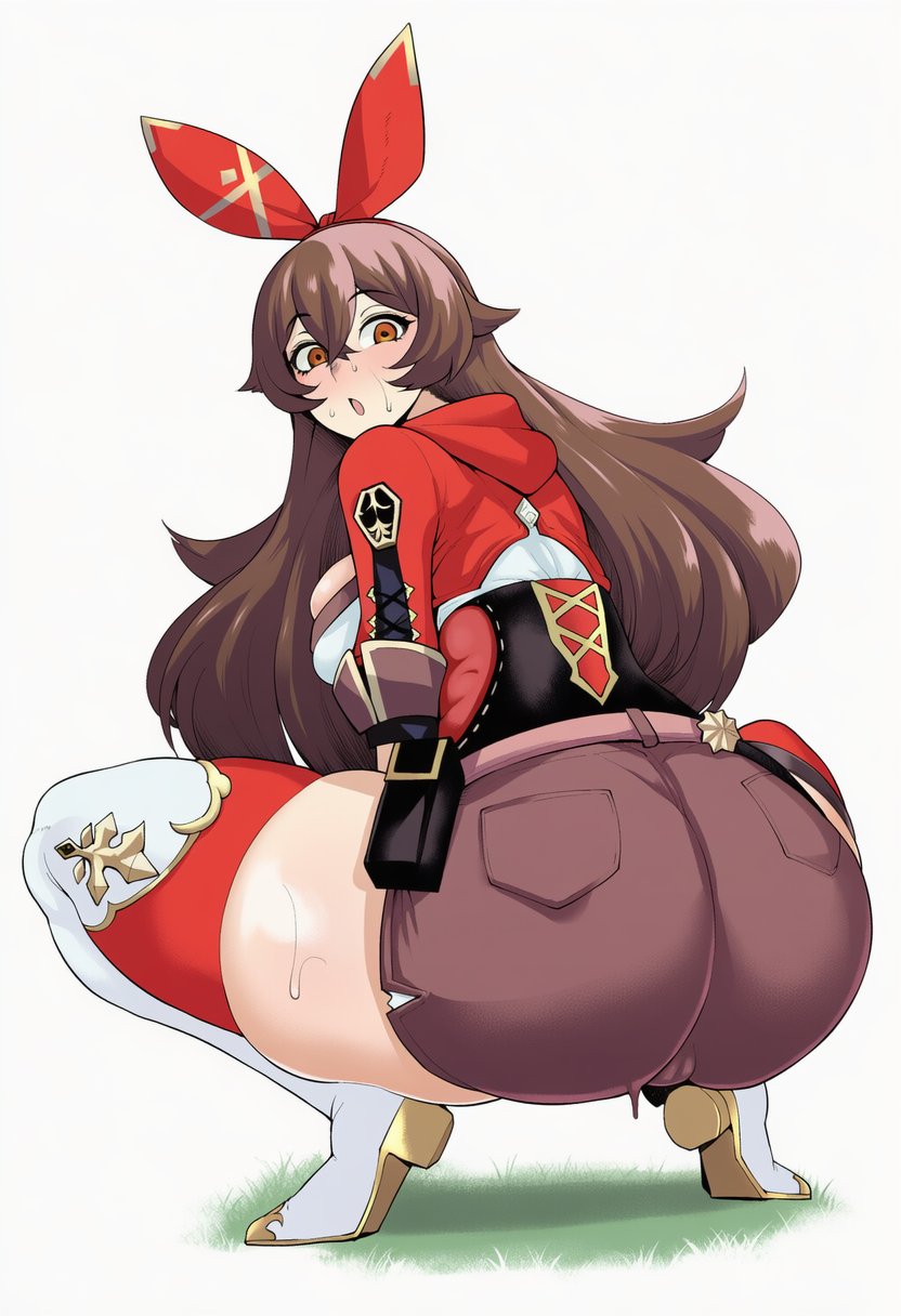 1girls, absurdres, ai generated, amber (genshin impact), anus, aphrodisitive, ass, ass focus, ass grab, big ass, big breasts, big butt, blush, boots, bottomless, breasts, brown hair, butt focus, clothed, clothed female, cropped jacket, female, female only, genshin impact, gloves, goggles, goggles on head, high heel boots, high heels, highres, huge ass, kneeling, large breasts, light-skinned female, long hair, long sleeves, medium breasts, sideboob, solo, squatting, sweatdrop