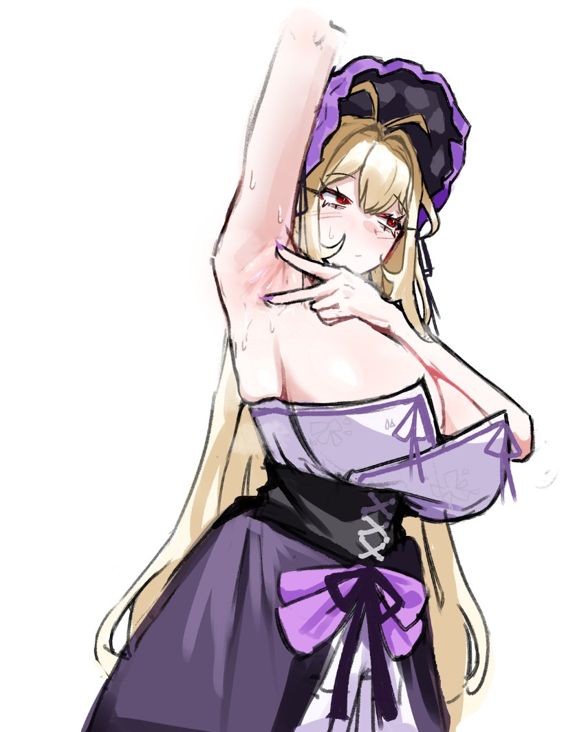 antenna hair, armpit crease, armpits, black corset, black dress, blonde hair, bonnet, breasts, cat nip, catnip scent, cleavage, corset, dress, dulcinea (project moon), female, huge breasts, limbus company, long hair, looking to the side, presenting armpit, project moon, purple bonnet, red eyes, simple background, solo, standing, sweat, upper body, white background