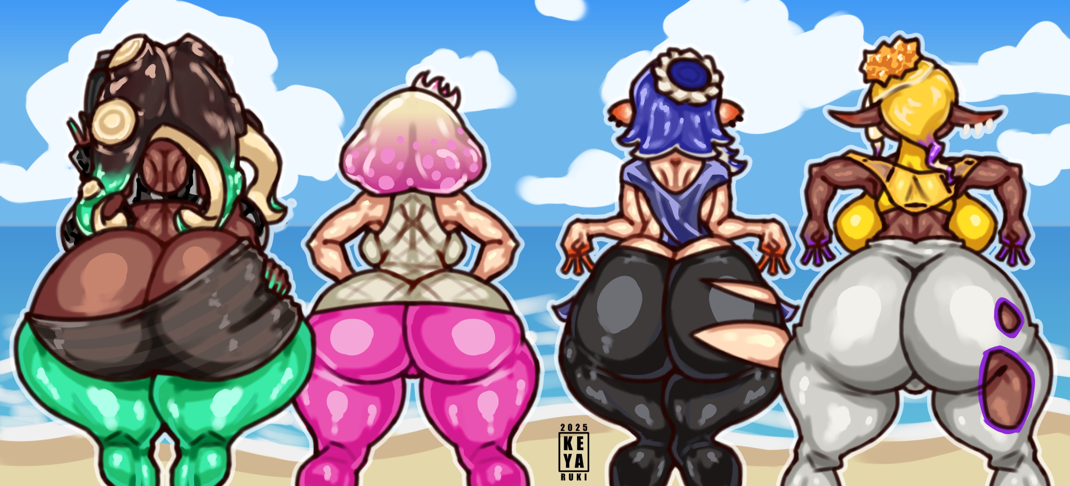 4girls, ass, ass chart, ass facing viewer, ass focus, ass grab, backboob, big ass, big breasts, breasts, butt crack, clothed, fat ass, female, female only, frye (splatoon), grabbing ass, grabbing own ass, groping, huge ass, huge breasts, keyaruki, large ass, marina (splatoon), no bra, pearl (splatoon), public, public exposure, revealing clothes, shiver (splatoon), sideass, splatoon, splatoon (series), splatoon 2, splatoon 3, teasing