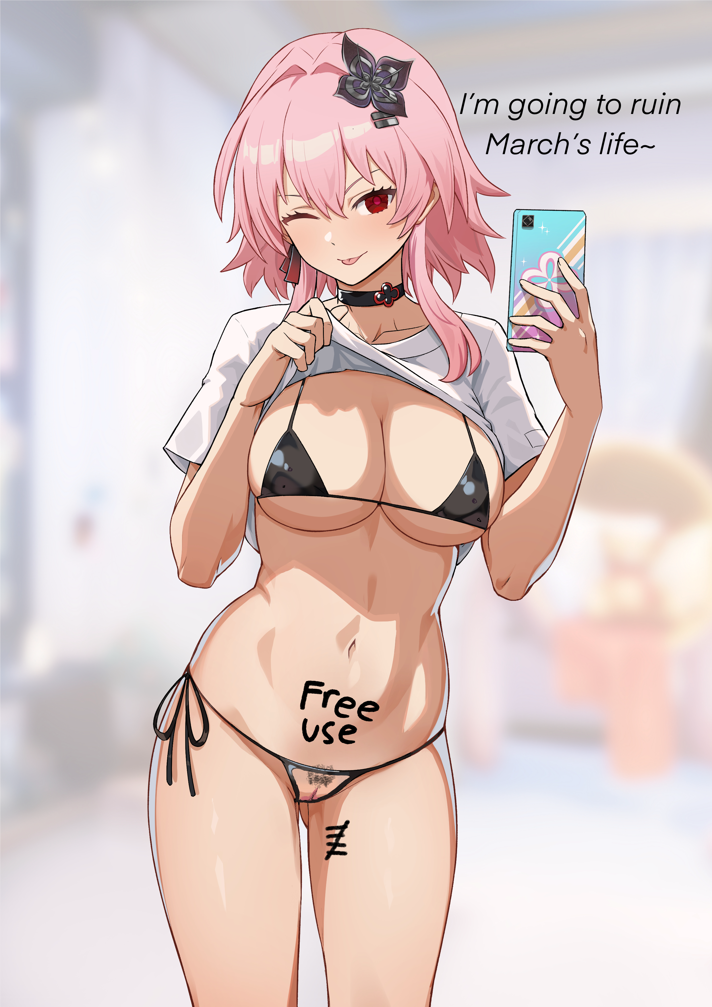 1girls, black panties, body writing, bonz (bonz0616), crotchless, crotchless panties, evernight (honkai: star rail), exposed pussy, female, honkai: star rail, lingerie, march 7th (honkai: star rail), panties, pubic hair, pussy, pussy peek, red eyes, selfie, selfie pose