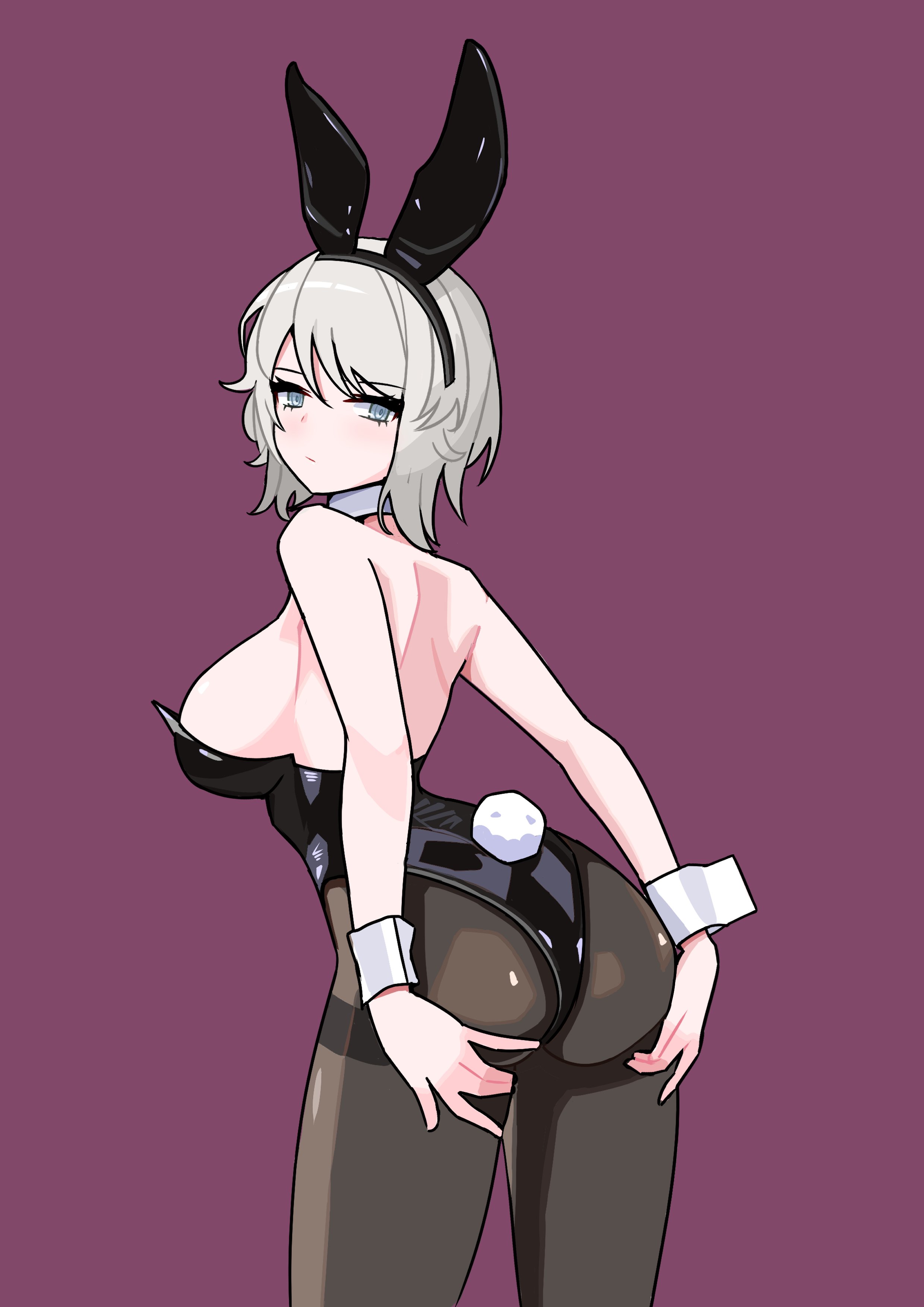 1girls, absurdres, alternate costume, animal ear hairband, animal ears, ass, back view, big ass, black leotard, blue eyes, breasts, bunny ears, bunny tail, cat nip, catnip scent, closed mouth, clothed female, clothing, detached collar, eyebrows, eyebrows visible through hair, eyelashes, fake animal ears, fake tail, faust (limbus company), faust (project moon), female, hairband, hands on hips, highres, huge breasts, leotard, light skin, light-skinned female, limbus company, looking at viewer, looking back, looking back at viewer, mostly clothed, playboy bunny, presenting, presenting ass, project moon, purple background, rabbit ear hairband, rabbit ears, rabbit tail, short hair, sideboob, simple background, solo, solo female, standing, strapless, strapless leotard, tail, thick thighs, thighs, upper body, voluptuous, voluptuous female, white hair, white wrist cuffs, wrist cuffs