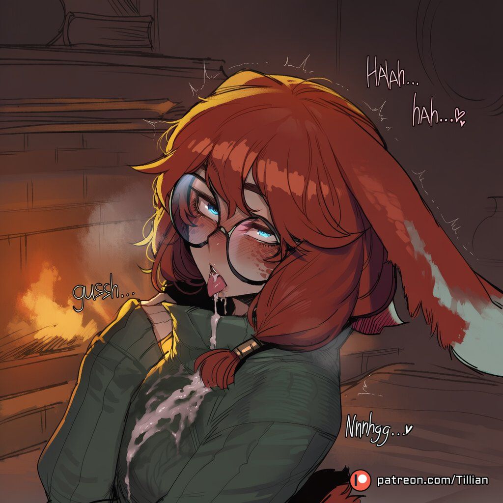 after fellatio, ai generated, animal ears, artist name, aurora (league of legends), black-framed eyewear, blue eyes, blush, breasts, cum, cum in mouth, cum on body, cum on breasts, cum on clothes, cum on hair, cum on tongue, english text, facial, female, fireplace, freckles, glasses, green sweater, indoors, league of legends, league of legends: wild rift, long hair, long sleeves, looking at viewer, medium hair, open mouth, patreon logo, patreon username, rabbit ears, rabbit girl, rabbit tail, red hair, ribbed sweater, round eyewear, sleeves past wrists, solo, sound effects, sweater, tail, tillian, tongue, tongue out, trembling, turtleneck, turtleneck sweater, upper body, upper teeth only