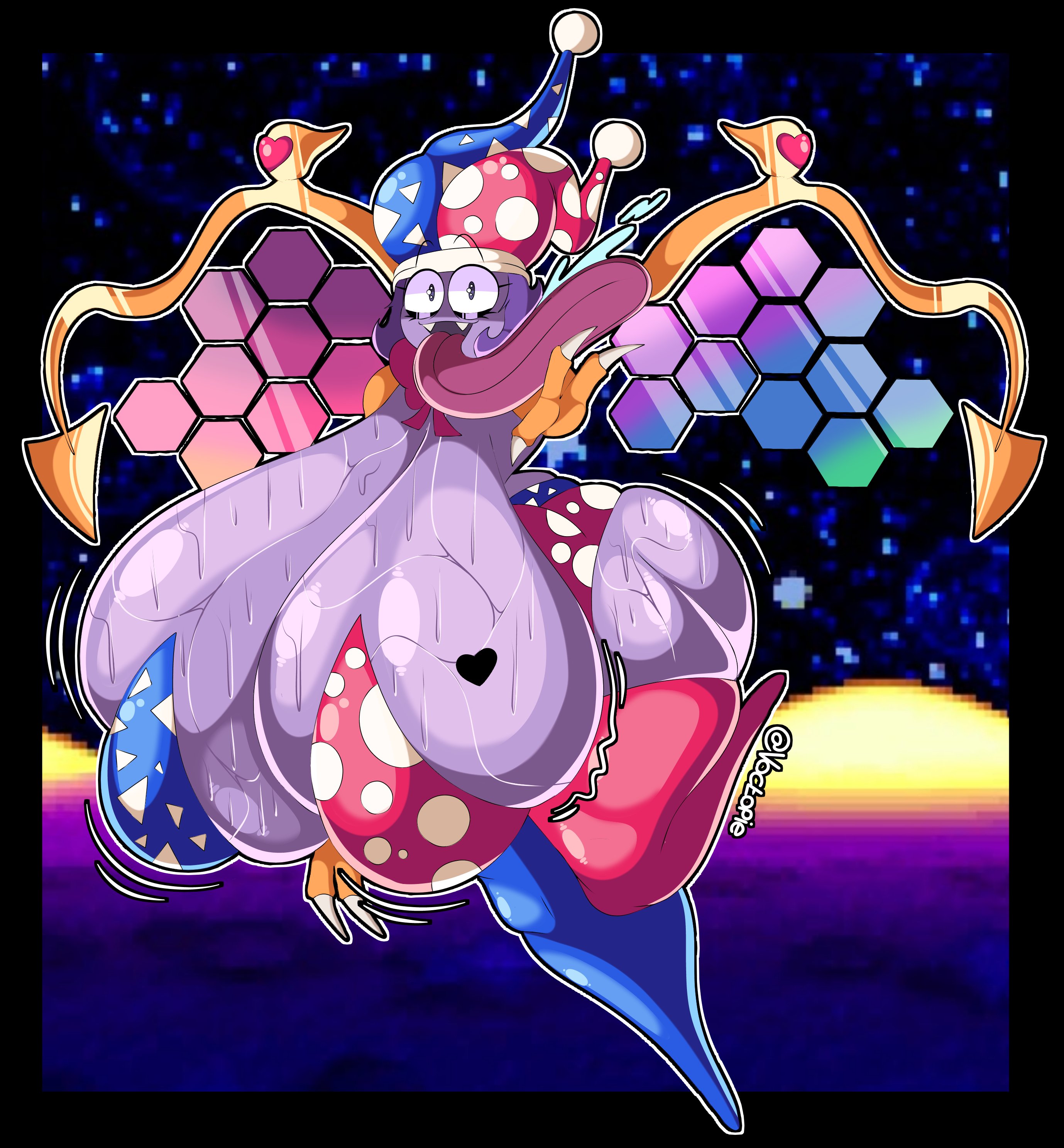 1girls, ass, ass bigger than head, big ass, big breasts, big butt, breasts, breasts bigger than head, bubble butt, clothing, curvaceous, curvy, curvy figure, fangs, female, female only, genderswap (mtf), heart, huge ass, huge breasts, hyper ass, hyper breasts, jester hat, kirby (series), kirby super star, legwear, long tongue, looking at viewer, marx, mostly nude, nintendo, open mouth, purple hair, reaching towards viewer, rule 63, skimpy clothes, slim waist, solo, solo female, stockings, sweat, sweaty, sweaty body, sweaty breasts, sweaty butt, thick thighs, tongue, tongue out, voctopie, voluptuous, voluptuous female, wide eyed, wide hips, wings