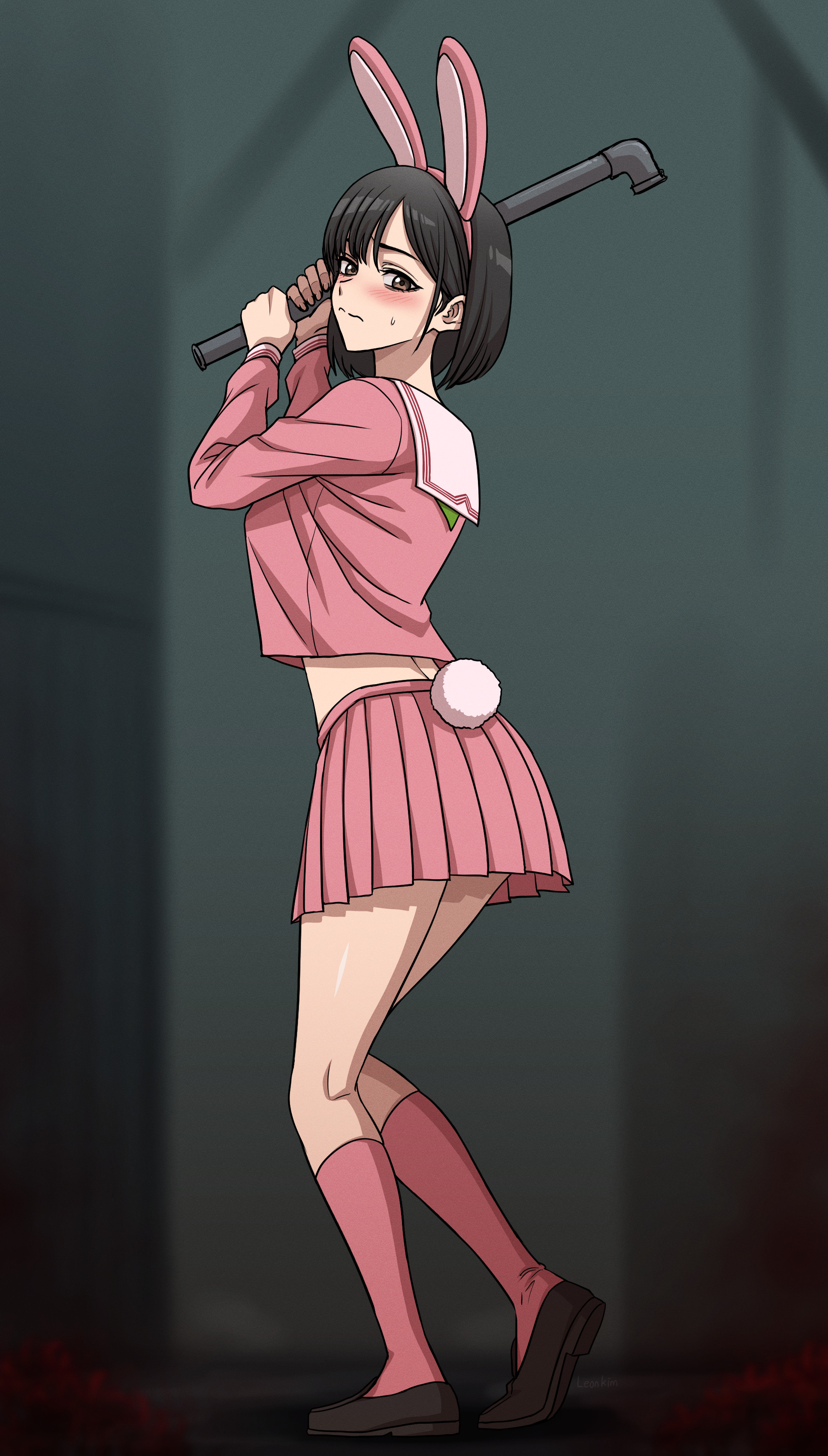 anime, asian, ass, big breasts, black hair, blush, breasts, bunny costume, bunny ears, bunny girl, bunny tail, bunnysuit, clothed, curvy, curvy figure, embraced, embracing, female, firm breasts, hinako shimizu, hourglass figure, human, japanese female, kimleon, konami, leon kim, oiled skin, pale skin, pink clothing, pink eyes, pipe, plump breasts, robbie the rabbit, sailor uniform, school uniform, schoolgirl, short dress, short hair, short skirt, shy, shy expression, silent hill, silent hill f, skirt, slender waist, stockings, thick thighs, thighs, thin waist, uniform, video games