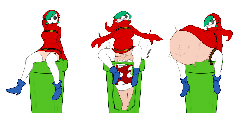 2girls big_belly breasts clothing colored dress edit female female_only green_hair heart-shaped_pupils maiesen mario_(series) mask multiple_girls pipes piranha_plant piranha_plant_girl shy_gal simple_background sitting stockings stomach_bulge unbirth unbirthing vore warp_pipe white_background