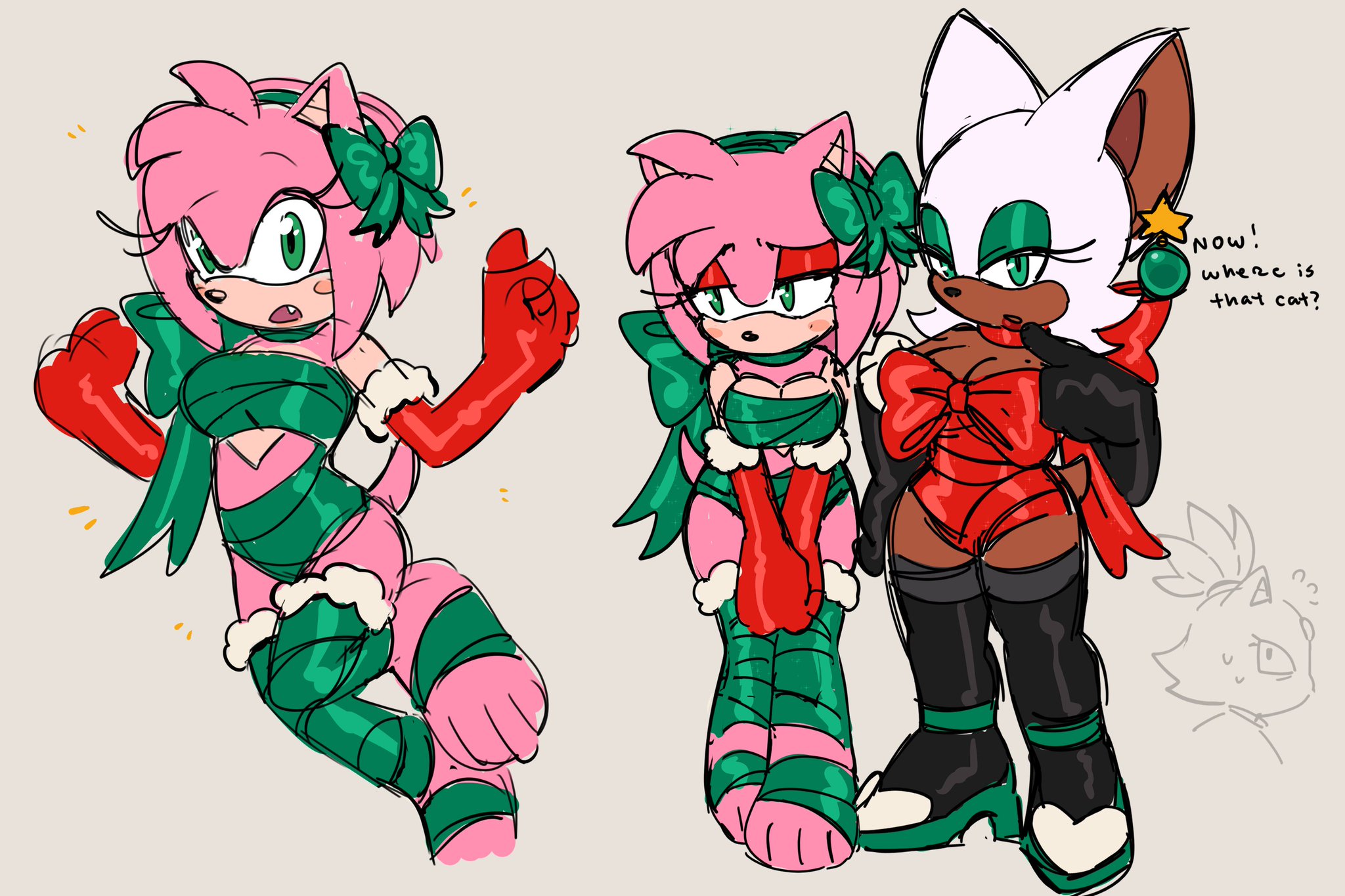 2d, 2d (artwork), 2d artwork, amy rose, anthro, anthro female, big breasts, black boots, black gloves, blaze the cat, boots, bow ribbon, breasts, christmas, christmas present, doodle, eonbnnuy, female anthro, furry, furry female, green eyes, green eyeshadow, hourglass figure, kore eon, mobian (species), mole on breast, only female, red eyeshadow, red lipstick, rouge the bat, sega, sonic (series), sonic the hedgehog (series), thick hips, thick thighs, thighs, wrapped breasts, wrapped up