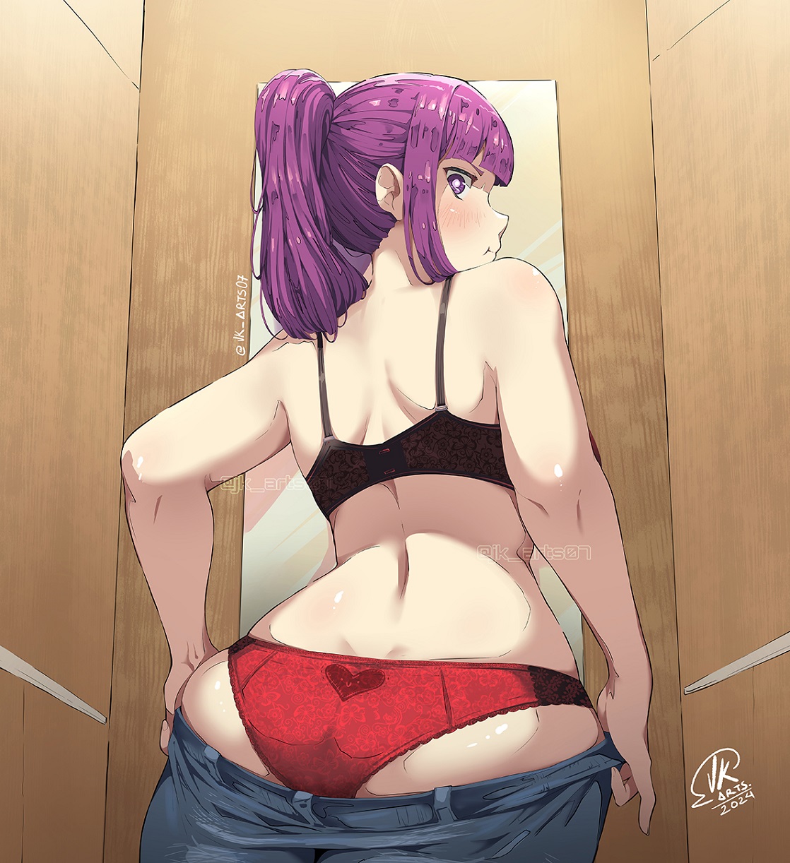 1girls, ass, ass focus, black bra, bra, denim, dressing room, female, fern (sousou no frieren), high ponytail, highres, indoors, jeans, jk arts07, looking back, panties, pants, ponytail, purple eyes, purple hair, red panties, solo, sousou no frieren, underwear