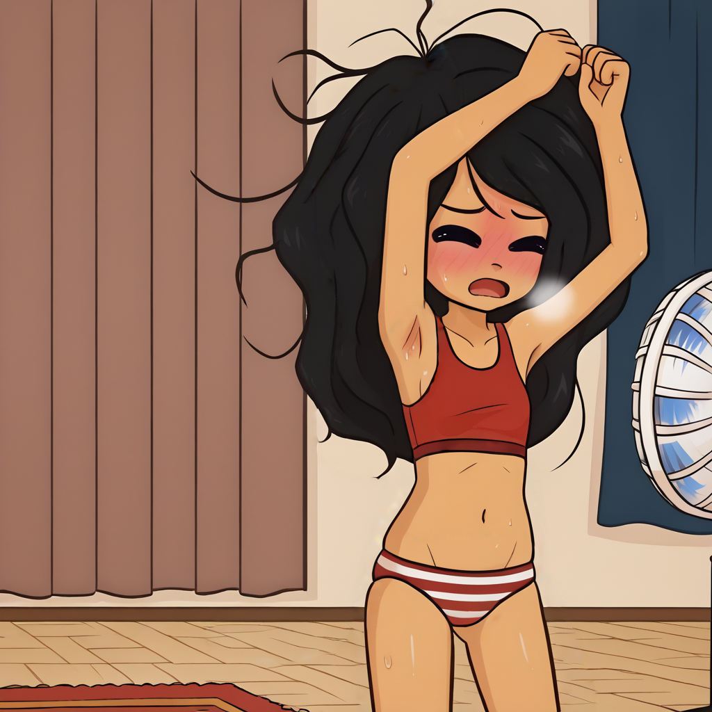 1girls, ai generated, armpits, arms up, artist request, black hair, blush, breasts, closed eyes, fan, female, hot, loose hair, maya schoppenboer, messy hair, moist, ongezellig, sleepwear, small breasts, southeast asian, steam, steamy breath, striped panties, sweat, sweatdrop, sweating, sweaty, underwear