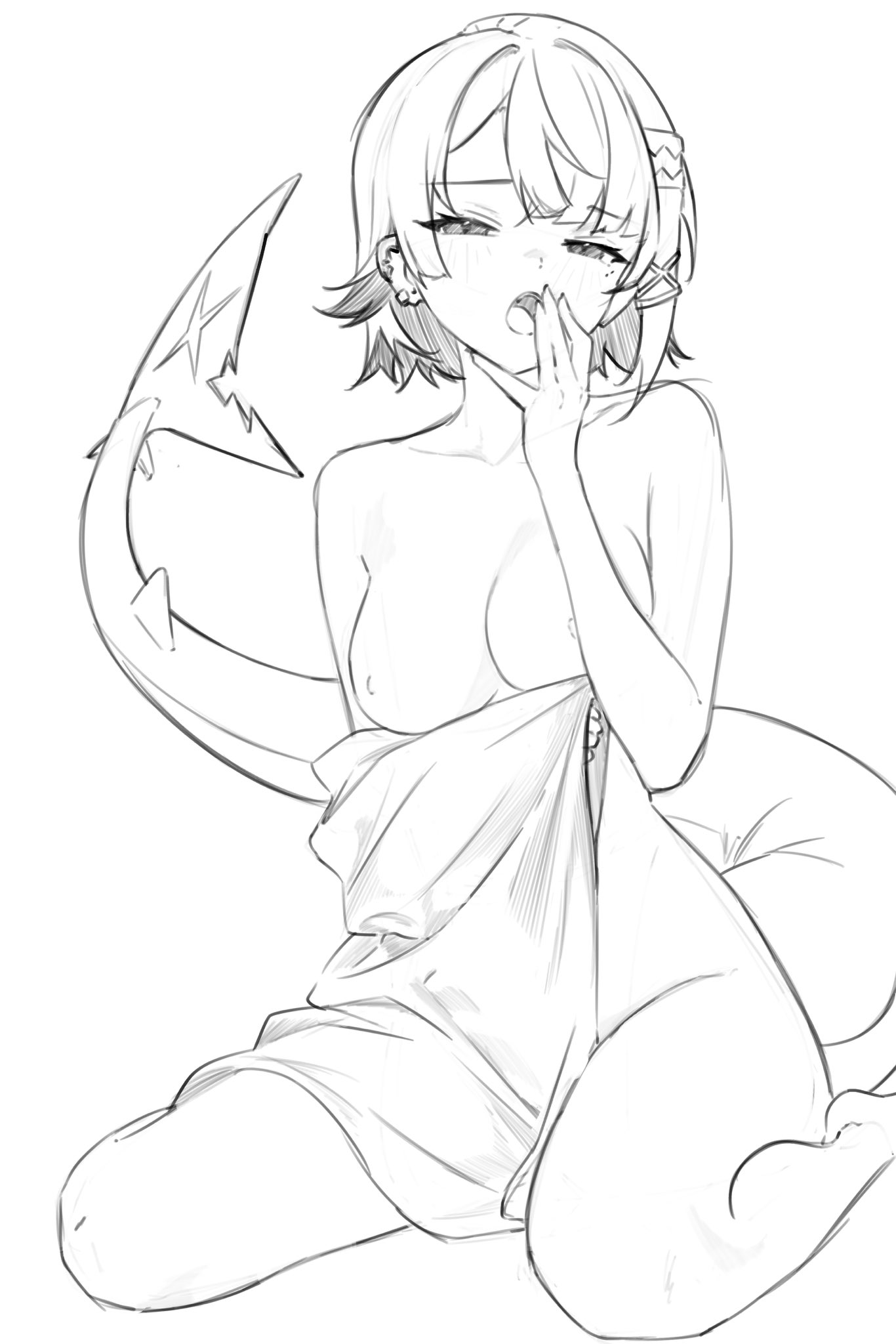 blanket covering, breasts, ellen joe, female, hectorrambito, nude, nude female, shark girl, shark tail, sketch, uncolored, victoria housekeeping, zenless zone zero