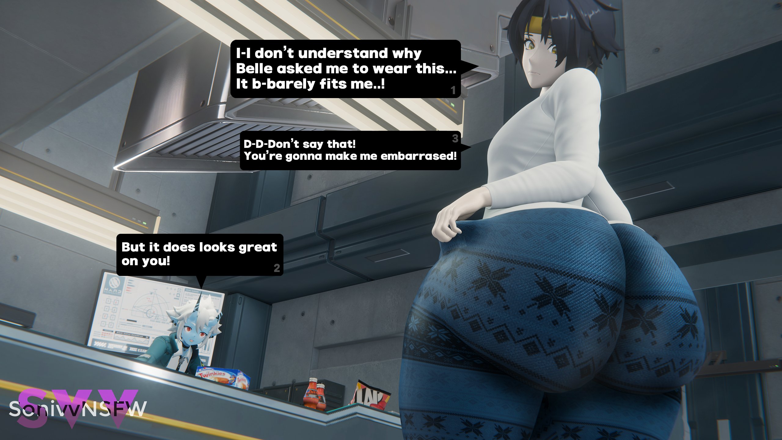 1boy, 1girls, 3d, asaba harumasa, ass, back view, dialogue, female, forbidden pants, huge ass, huge ass (male), human, male, sonivvnsfw, soukaku (zenless zone zero), text, zenless zone zero