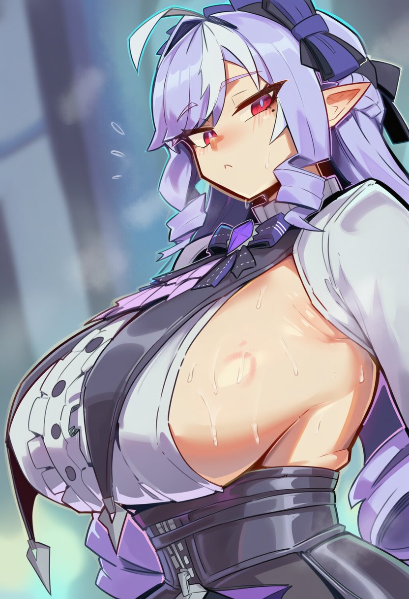 1girls, ai generated, ai virelune (yi), bangs, big ass, blush, bow, breasts, closed mouth, dress, female, flying sweatdrops, hair intakes, hoyoverse, huge breasts, large breasts, long hair, looking at viewer, pointy ears, purple hair, red eyes, sideboob, solo, sweat, upper body, vivian banshee, zenless zone zero