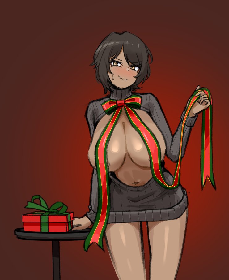 alternate costume, box, breasts, brown hair, cat nip, catnip scent, cleavage, closed mouth, dark skin, dark-skinned female, female, frontless outfit, gift, gift box, grey sweater, huge breasts, limbus company, long sleeves, looking at viewer, navel, outis (limbus company), outis (project moon), project moon, red background, red ribbon, revealing clothes, ribbon, short hair, simple background, solo, standing, sweater, thighs, upper body, yellow eyes