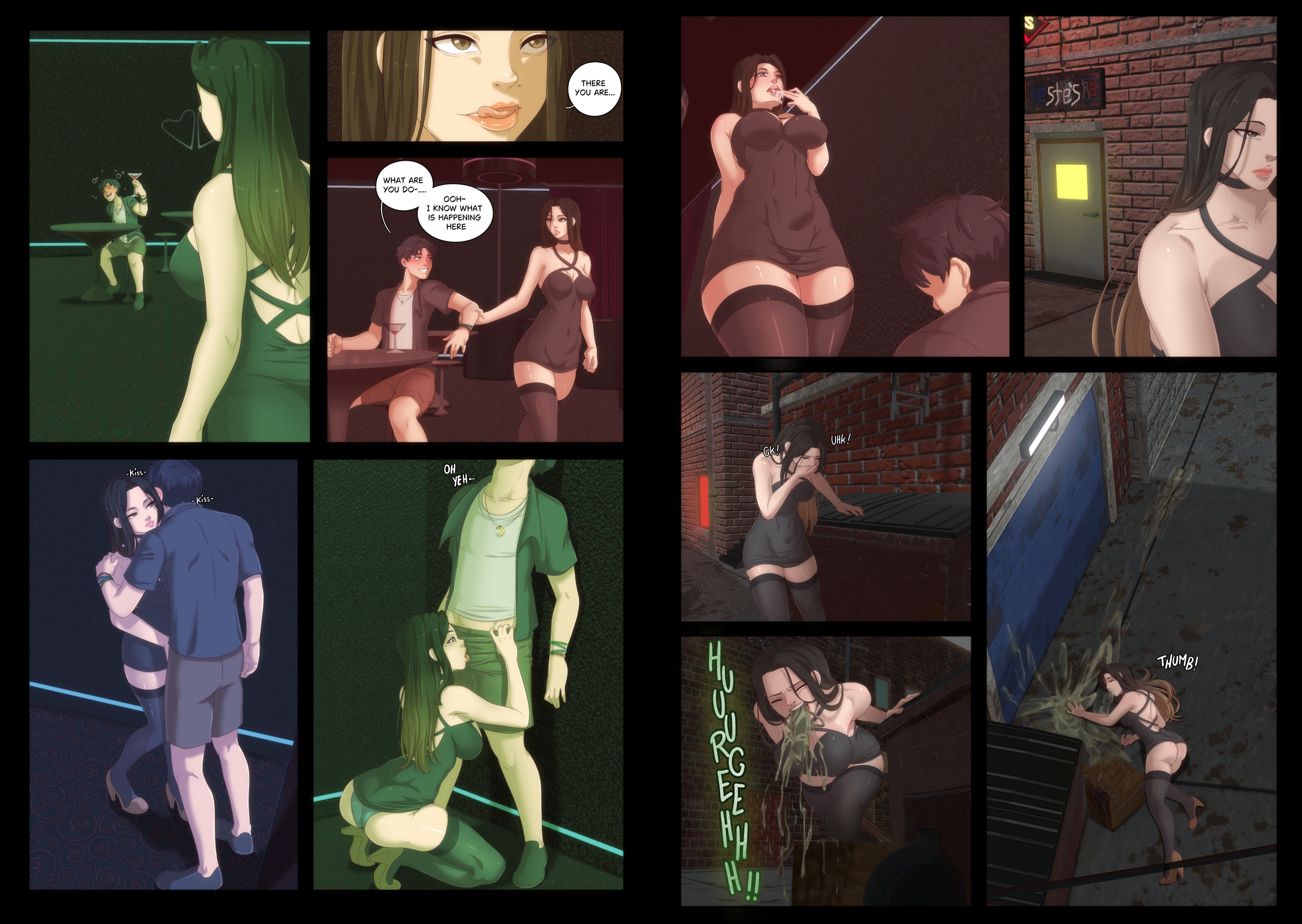 1girls, alien, black dress, black legwear, black thighhighs, blowjob, breasts, clothing, comic, comic page, cum, dress, female, huge ass, huge breasts, licking fingers, long hair, losing consciousness, open mouth, oral, oral birth, panties, parasite, part 4, penetration, possession, sixul world, slug, stockings, thighhighs, vomit, wide hips