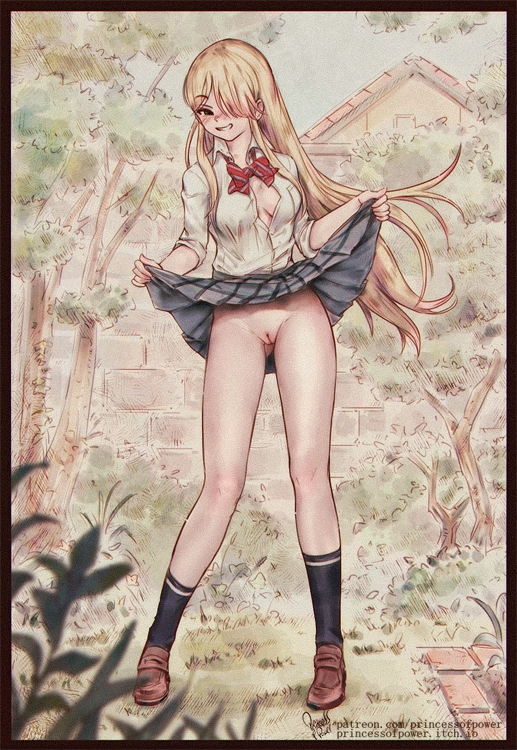 1girls, artist signature, beautiful, beautiful background, blonde female, blonde hair, blush, breasts, cute, cute face, exhibitionist, female, flashing, flashing pussy, legs, long hair, mischievous, outdoor nudity, outdoors, playful, princessofpower, pussy, pussy lips, satsuki tachibana, sexy, shaved pussy, solo, solo female, teenage female, teenager, watari-kun no xx ga houkai sunzen