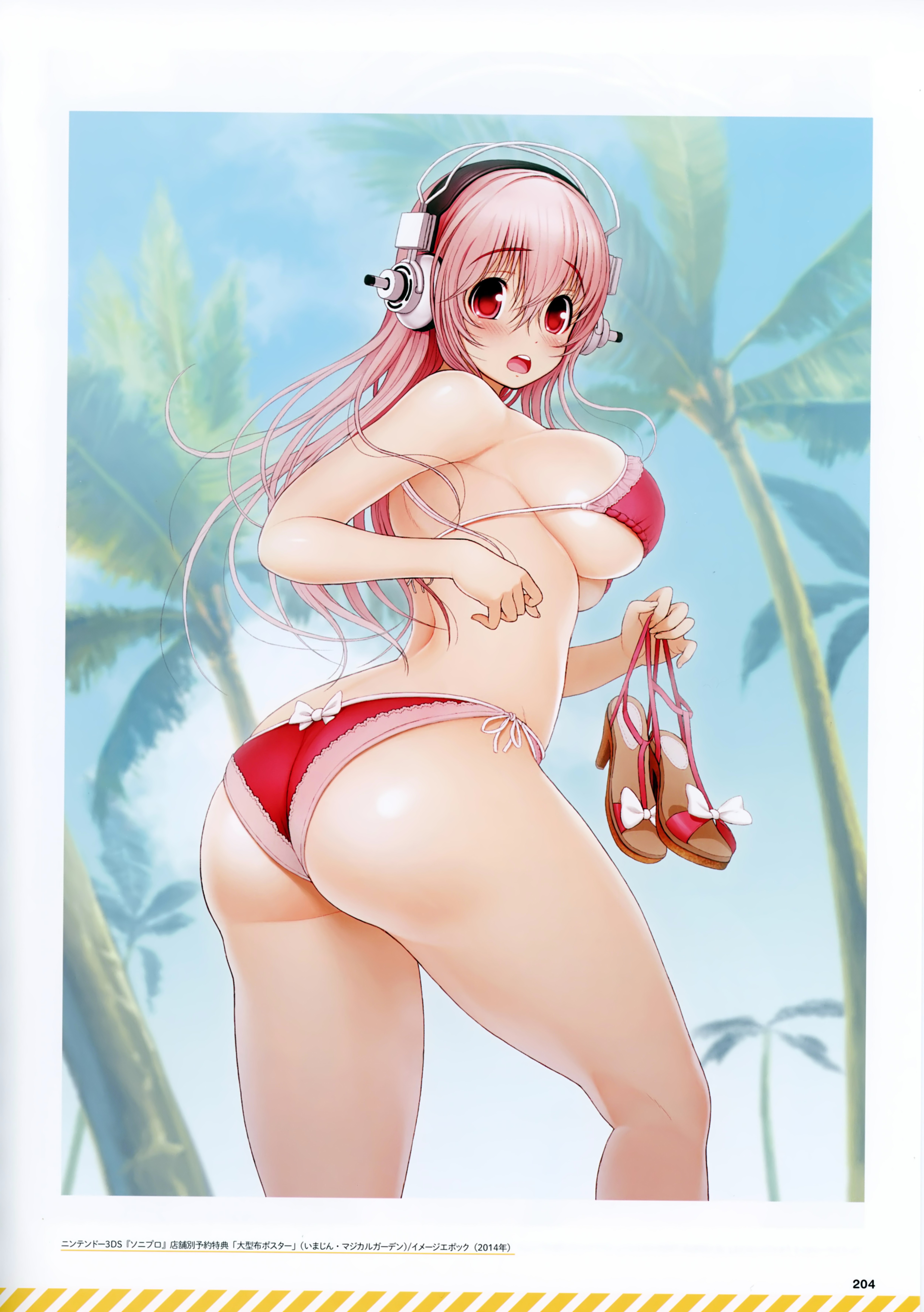 absurdres, ass, bare shoulders, bikini, blue sky, blush, breasts, curvy, day, female, female focus, headphones, heels, highres, hip focus, holding, large breasts, long hair, looking at viewer, looking back, nitroplus, official art, open mouth, outdoors, page number, palm tree, pink eyes, pink hair, red bikini, red bra, red panties, sandals, scan, side-tie bikini bottom, sideboob, skindentation, sky, sole female, solo, super sonico, swimsuit, thick thighs, thighs, tree, tsuji santa, wide hips