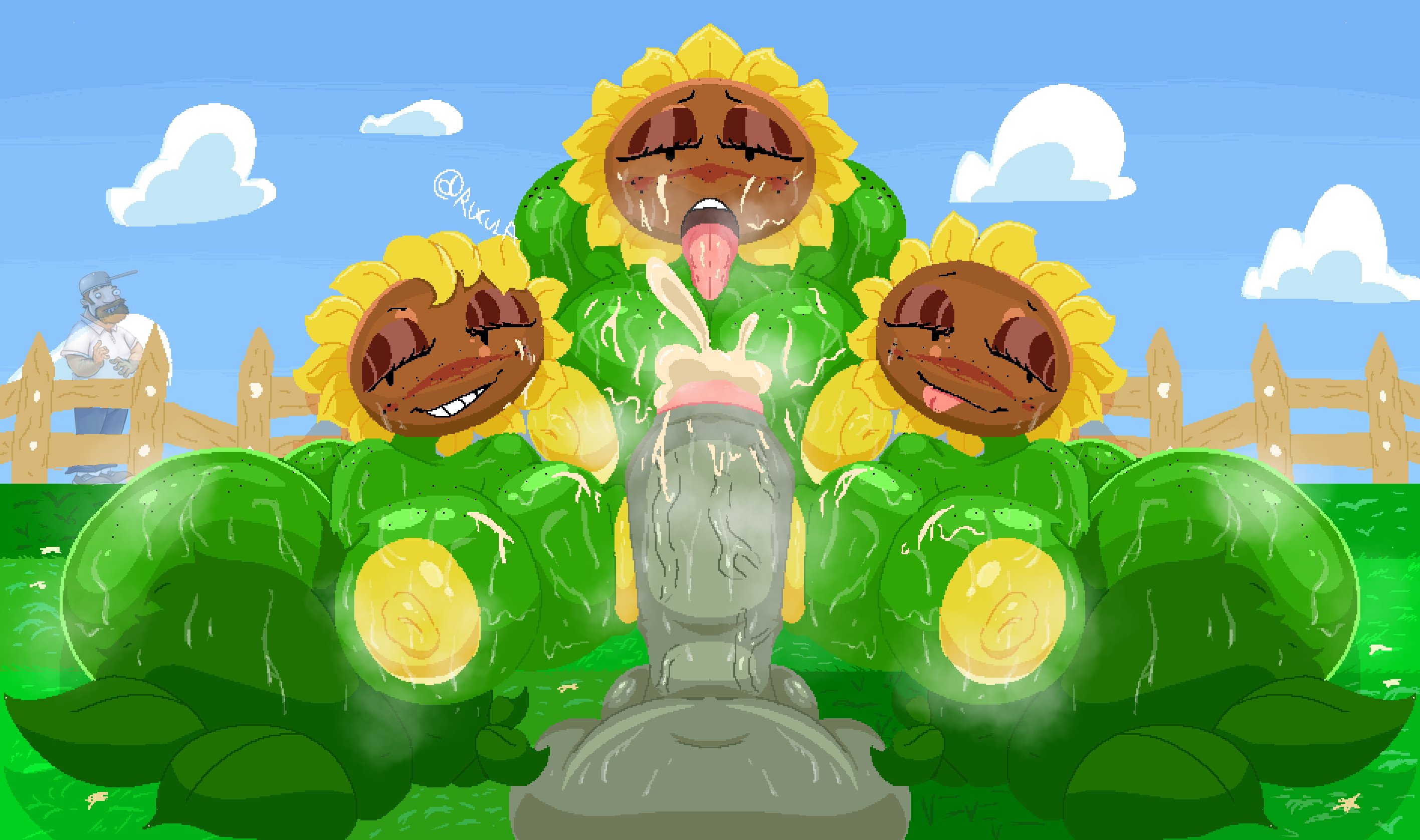 3girls, anthro, ass, bedroom eyes, big ass, crazy dave (pvz), cum, cum in mouth, cum on breasts, electronic arts, flora fauna, freckles, oral, penis, plant, plantie, plants vs zombies, popcap games, pov, sunflower (pvz), sweating, sweaty, sweaty ass, sweaty body, tagme, tagme (artist), tongue out, video game character, whore eyes, zombie, zombie (pvz)