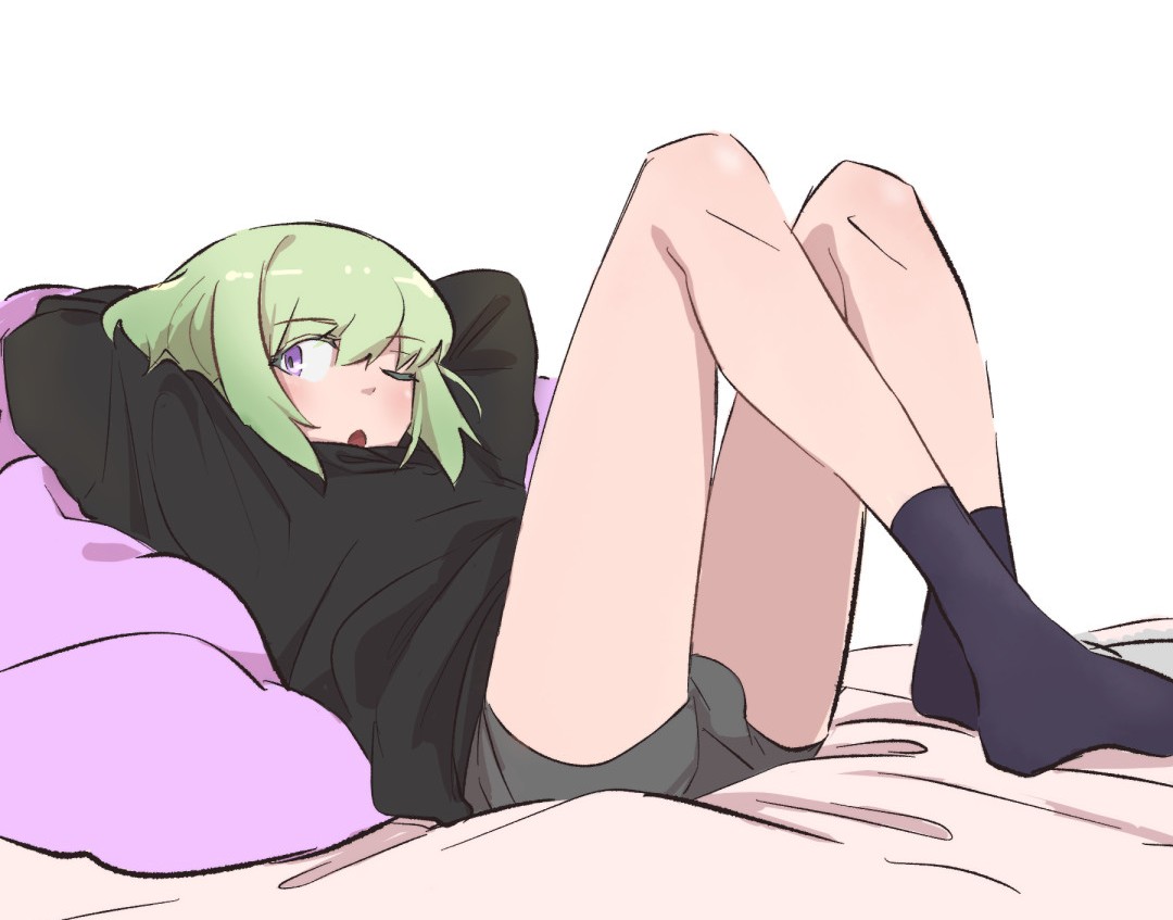 1boy, androgynous, aus vaka, blush, bob cut, bulge, bulge through clothing, bulge under clothes, clothed, clothing, femboy, hoodie, lio fotia, male, on bed, promare, questionable, short hair, socks, solo, suggestive pose, twink