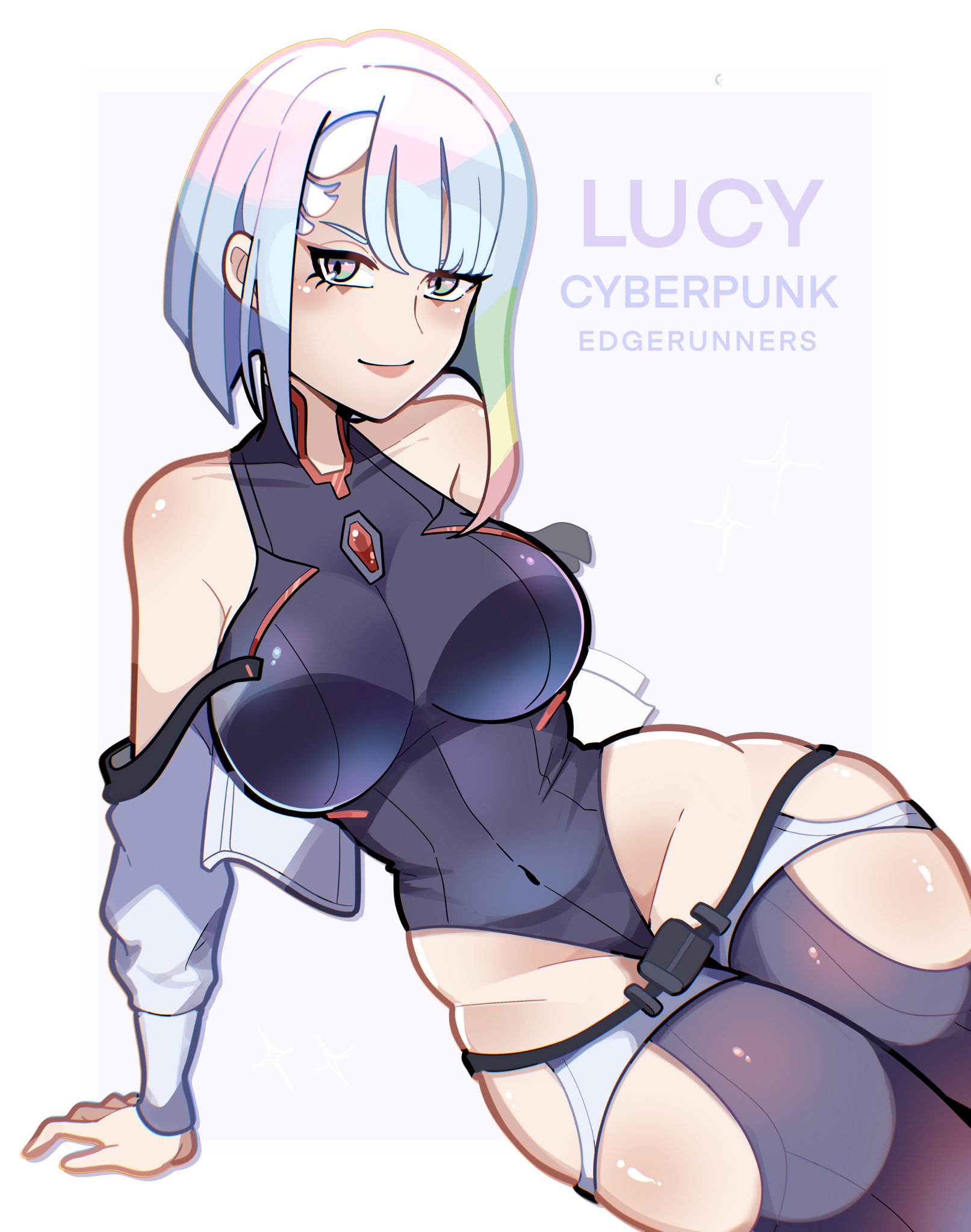 1girls, absurdres, bare shoulders, breasts, cyberpunk, cyberpunk 2077, cyberpunk: edgerunners, eyeliner, female, female only, highleg leotard, highres, jacket, large breasts, leotard, looking at viewer, lucyna kushinada, makeup, multicolored eyes, multicolored hair, parted bangs, red lips, short hair, smile, solo, thighs, touyarokii, white hair