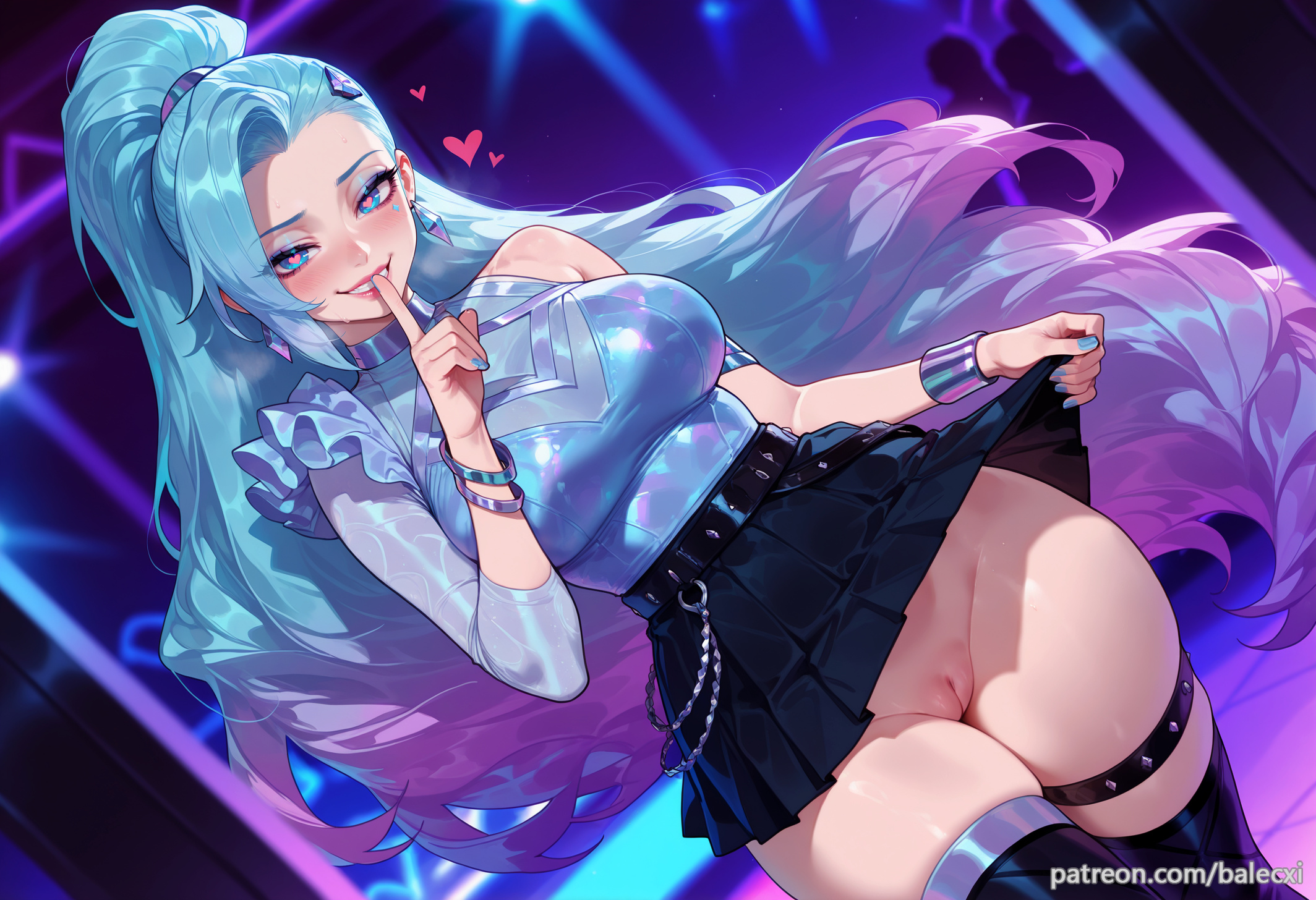 ai generated, artist name, balecxi, black skirt, black thighhighs, blue eyes, blue nails, blush, bracelet, breasts, dutch angle, earrings, female, finger to mouth, heart, heart-shaped pupils, jewelry, large breasts, league of legends, long hair, looking at viewer, multicolored hair, no panties, patreon username, pleated skirt, ponytail, pussy, seraphine (league of legends), shushing, single bare shoulder, skindentation, skirt lift, smile, solo, symbol-shaped pupils, teeth