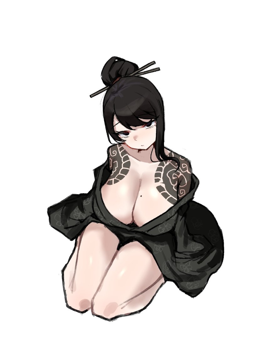 bare shoulders, big breasts, black eyes, black hair, black kimono, breasts, cat nip, catnip scent, cleavage, cloud tattoo, female, full body, hair bun, hair ornament, hair stick, huge breasts, irezumi, japanese clothes, kimono, large breasts, library of ruina, looking at viewer, mole, mole on breast, off shoulder, project moon, sayo (library of ruina), sayo (project moon), shoulder tattoo, simple background, sitting, solo, tattoo, weapon, white background, yakuza tattoo