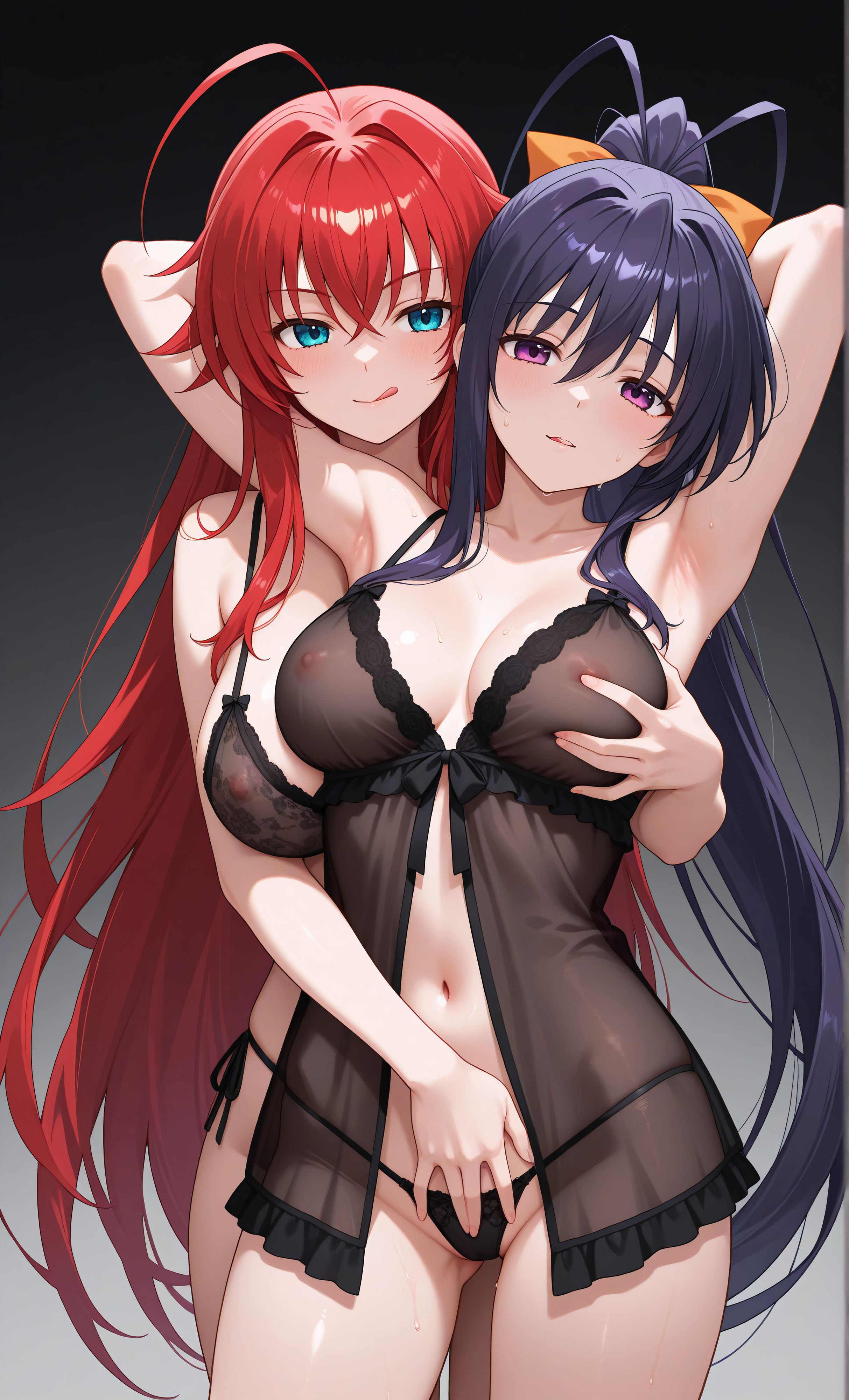 2girls, ai generated, akeno himejima, big breasts, blush, breast grab, breast grab from behind, breasts, curvy, curvy female, erect nipples under clothes, female, female only, girlfriends, grabbing another's breast, grabbing another's pussy, grabbing pussy, high school dxd, imminent sex, lesbian couple, pussy, rias gremory, smile, sweat, tongue, under clothes, wife and wife, yuri