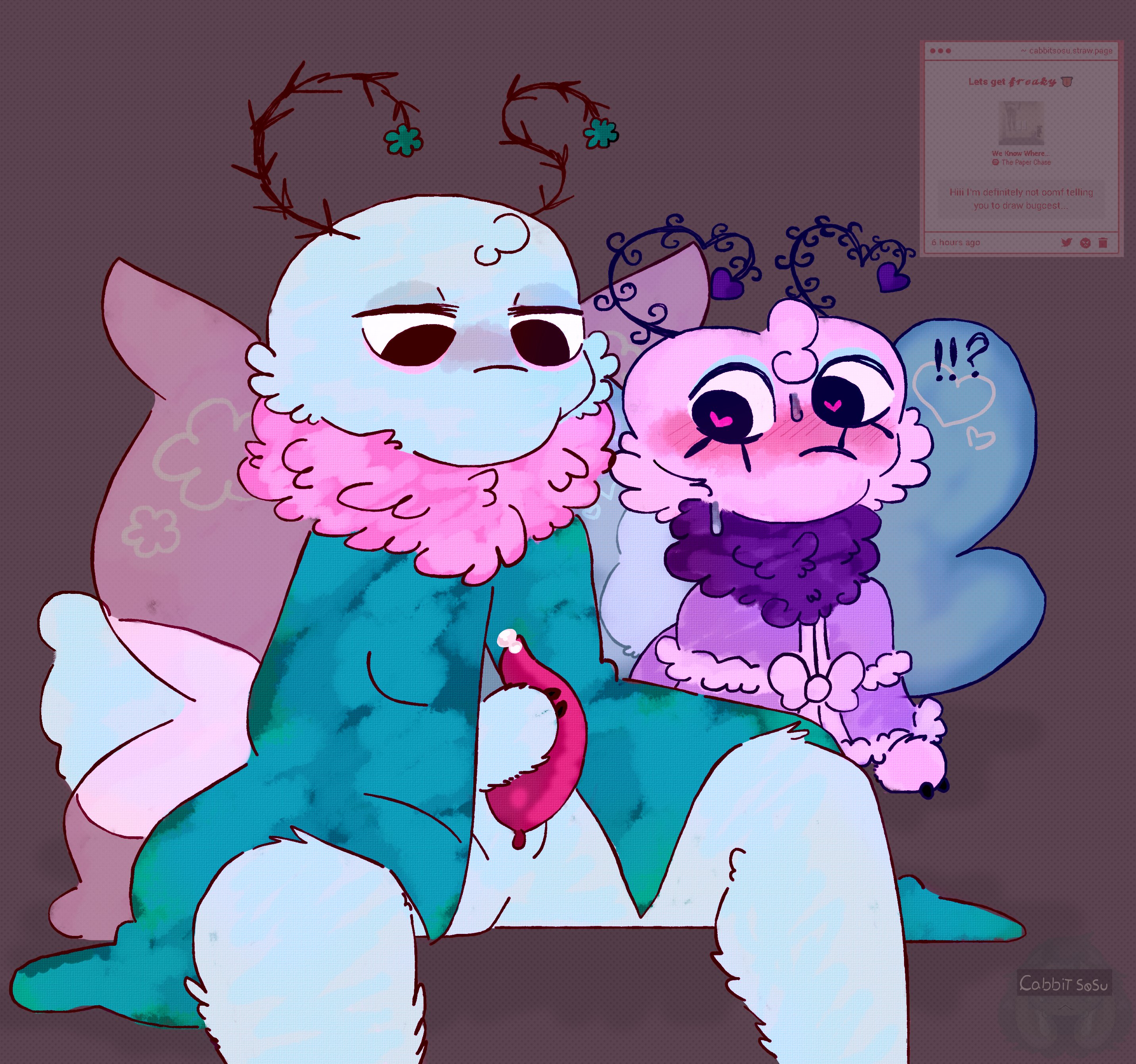 antennae (anatomy), brother and sister, dandy's world, female, flutter (dandy's world), flyte (dandy's world), incest, insects, male, masturbation, penis, precum, roblox, slit, tagme, wings