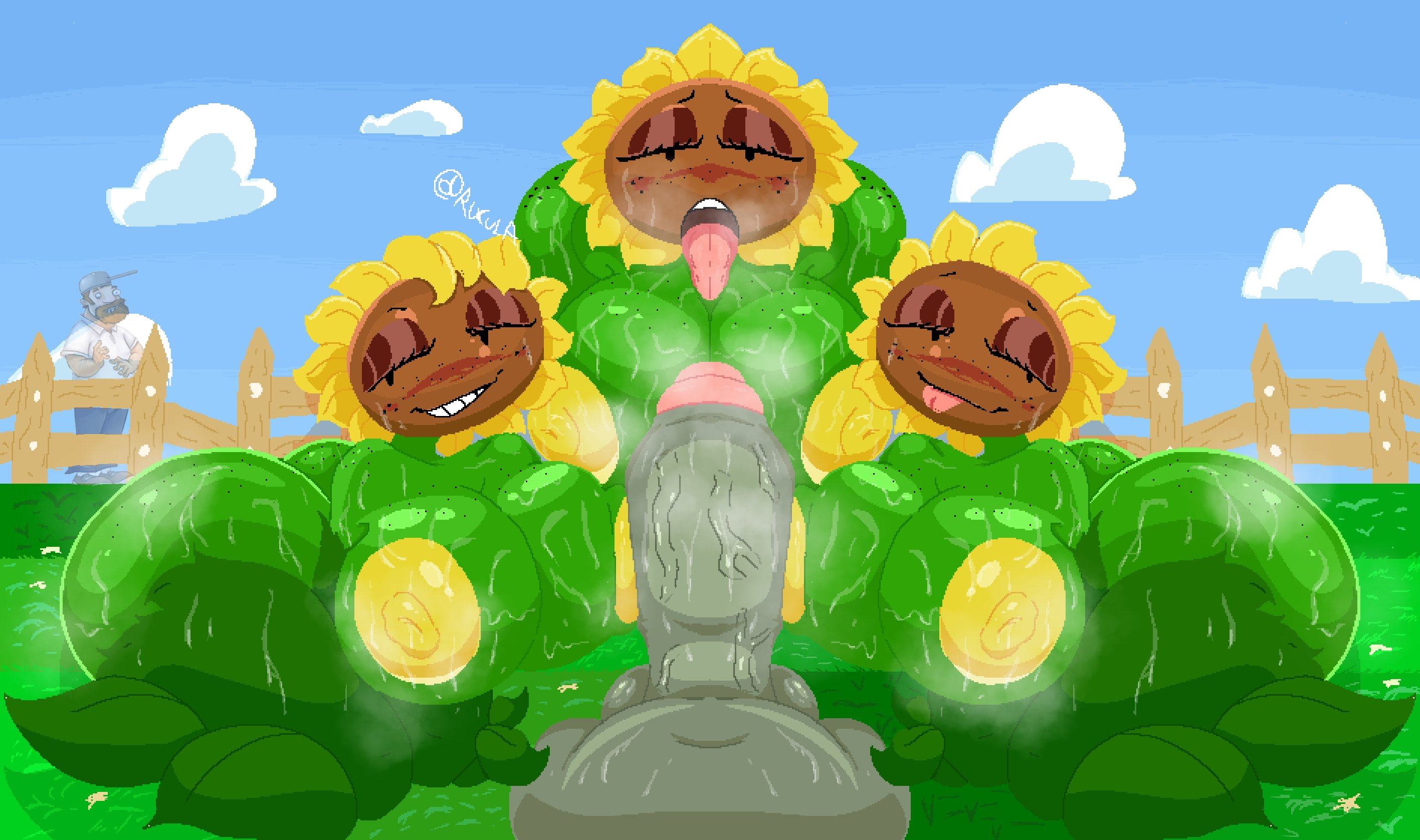 3girls, anthro, ass, bedroom eyes, big ass, crazy dave (pvz), electronic arts, flora fauna, freckles, oral, penis, plant, plantie, plants vs zombies, popcap games, pov, sunflower (pvz), sweating, sweaty, sweaty ass, sweaty body, tagme, tagme (artist), tongue out, video game character, whore eyes, zombie, zombie (pvz)