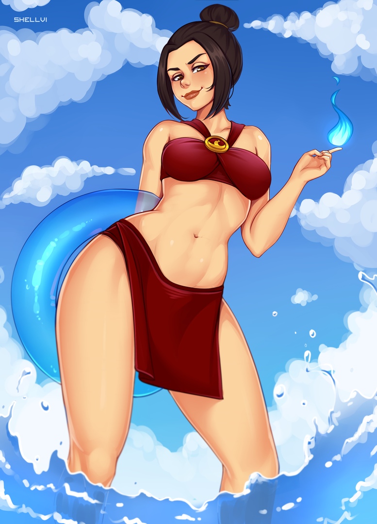 1girls abs amber_eyes avatar_the_last_airbender azula bare_arms bare_legs bare_shoulders beach bedroom_eyes bikini black_hair clothed clothing clouds daytime female female_only fire firebending floatie hair_bun hair_up hourglass_figure innertube looking_at_viewer low-angle_view medium_breasts midriff navel nickelodeon ocean outdoors royalty shellvi sky smirk solo solo_female swimsuit thick_thighs water watermark wide_hips