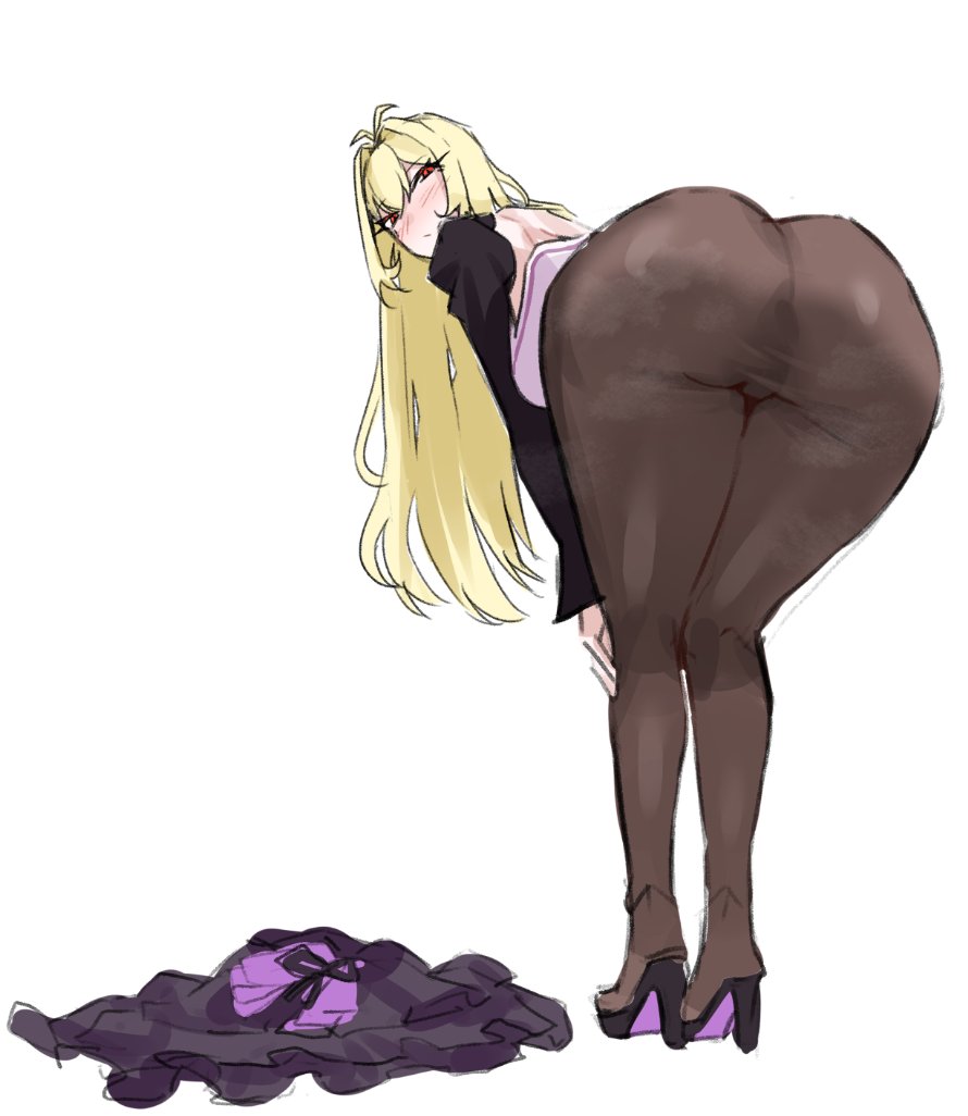 1girls, antenna hair, ass, ass focus, black shoes, black shrug, blonde hair, blush, blush lines, blushing, cat nip, catnip scent, closed mouth, dulcinea (limbus company), dulcinea (project moon), female, full body, high heels, huge ass, leaning forward, light skin, light-skinned female, limbus company, long hair, looking at viewer, looking back, presenting, presenting ass, project moon, red eyes, shoes, shrug (clothing), simple background, skirt, solo, solo female, standing, thick thighs, thighs, unworn skirt, white background