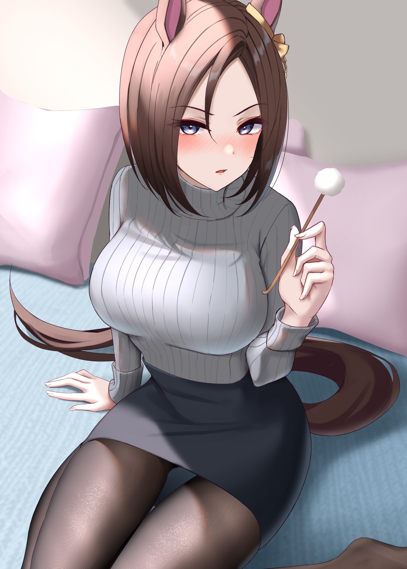 air groove (umamusume), big breasts, blue eyes, blush, breasts, brown hair, cotton swab, ear cleaning, female, female only, fully clothed, hair ornament, horse ears, horse girl, horse tail, looking at viewer, mimikaki, miniskirt, pantyhose, pencil skirt, ribbed sweater, short hair, sitting, solo, sweater, takmi, turtleneck, turtleneck sweater, umamusume, umamusume pretty derby, wariza
