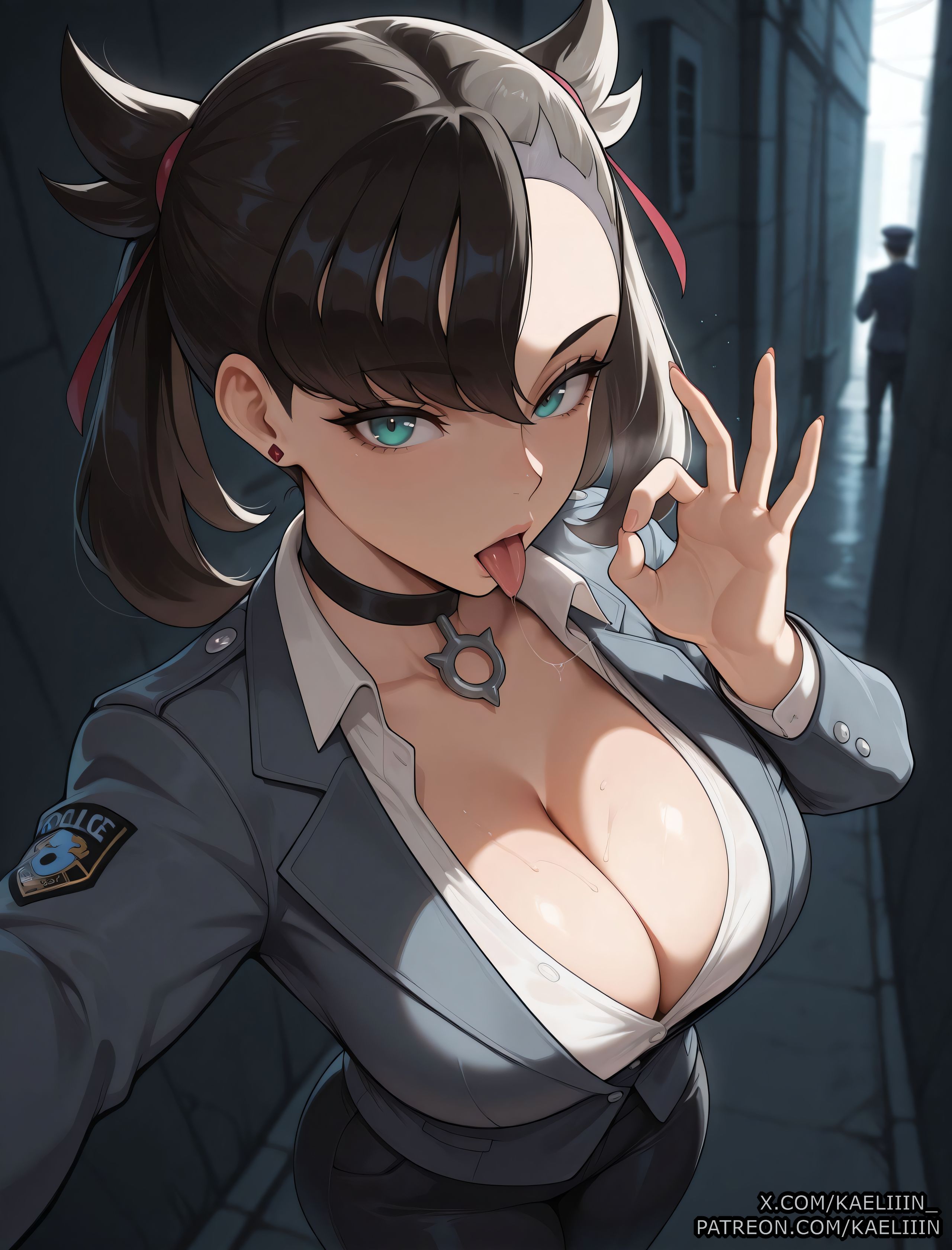 ai assisted, ai generated, anime, anime style, big ass, big breasts, breasts, clitoris, curvaceous, curvaceous body, curvaceous female, curvaceous figure, female, female focus, fit female, girly, goth, gothic, hourglass figure, huge ass, huge breasts, kaeliiin, marnie (pokemon), pokemon, police uniform, pussy, sexy, shiny, uncensored, vagina, voluptuous, voluptuous female, waifu, waifu diffusion