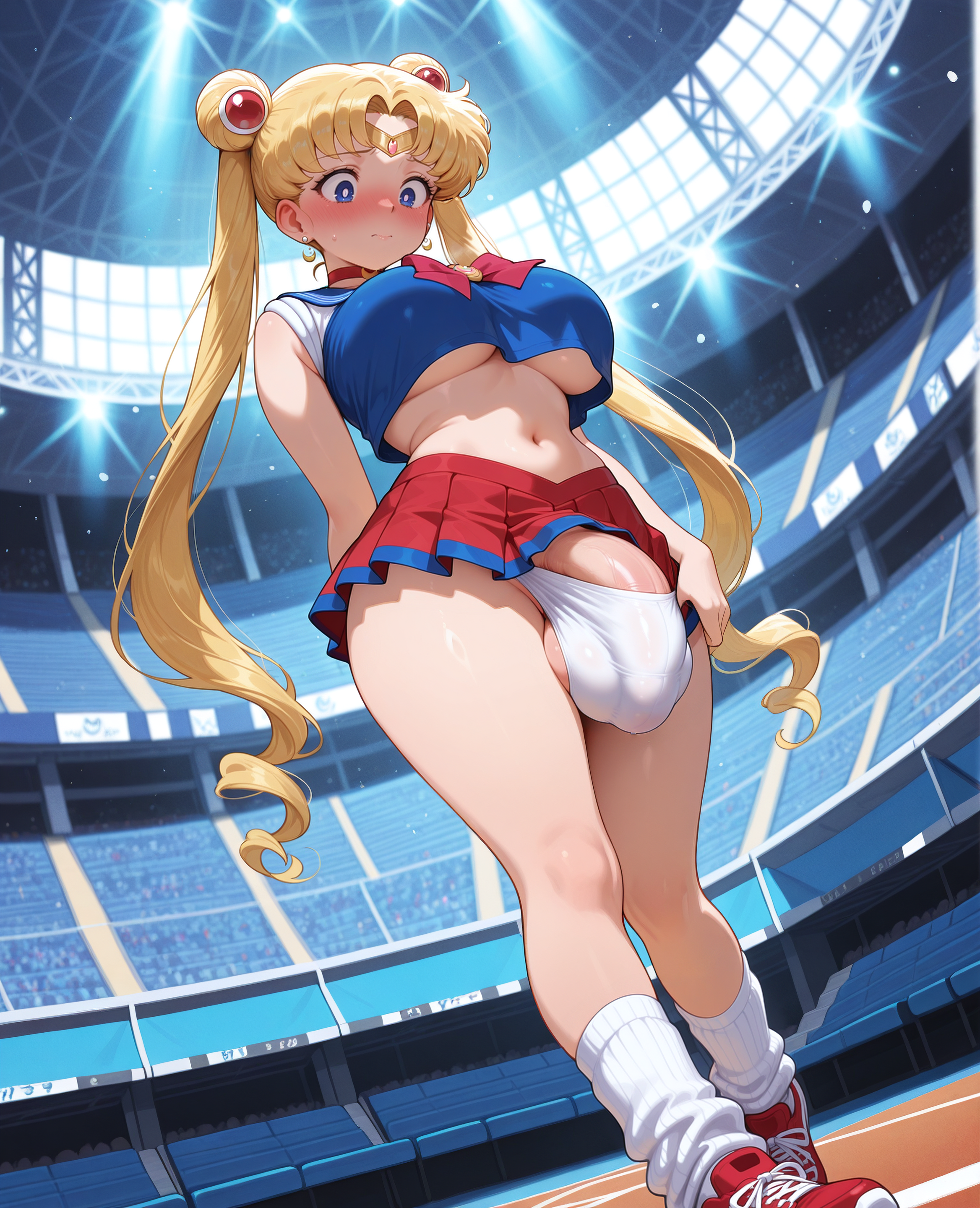 abs, ai art, ai generated, arena, blonde hair, blue eyes, breasts, bulge, bulge rubbing, bulge through clothing, bulge under clothes, cheering, cheerleader, cheerleader outfit, cheerleader uniform, civitai, crop top, dickgirl, dickgirl only, futa only, futanari, hi res, high quality, high resolution, highres, intersex, looking at penis, looking down, loose clothes, loose socks, midriff, navel, patreon, penis, penis bulge, sailor moon, skirt, stable diffusion, twintails, twitter, underboob, wide eyed, wide hips, yuckle