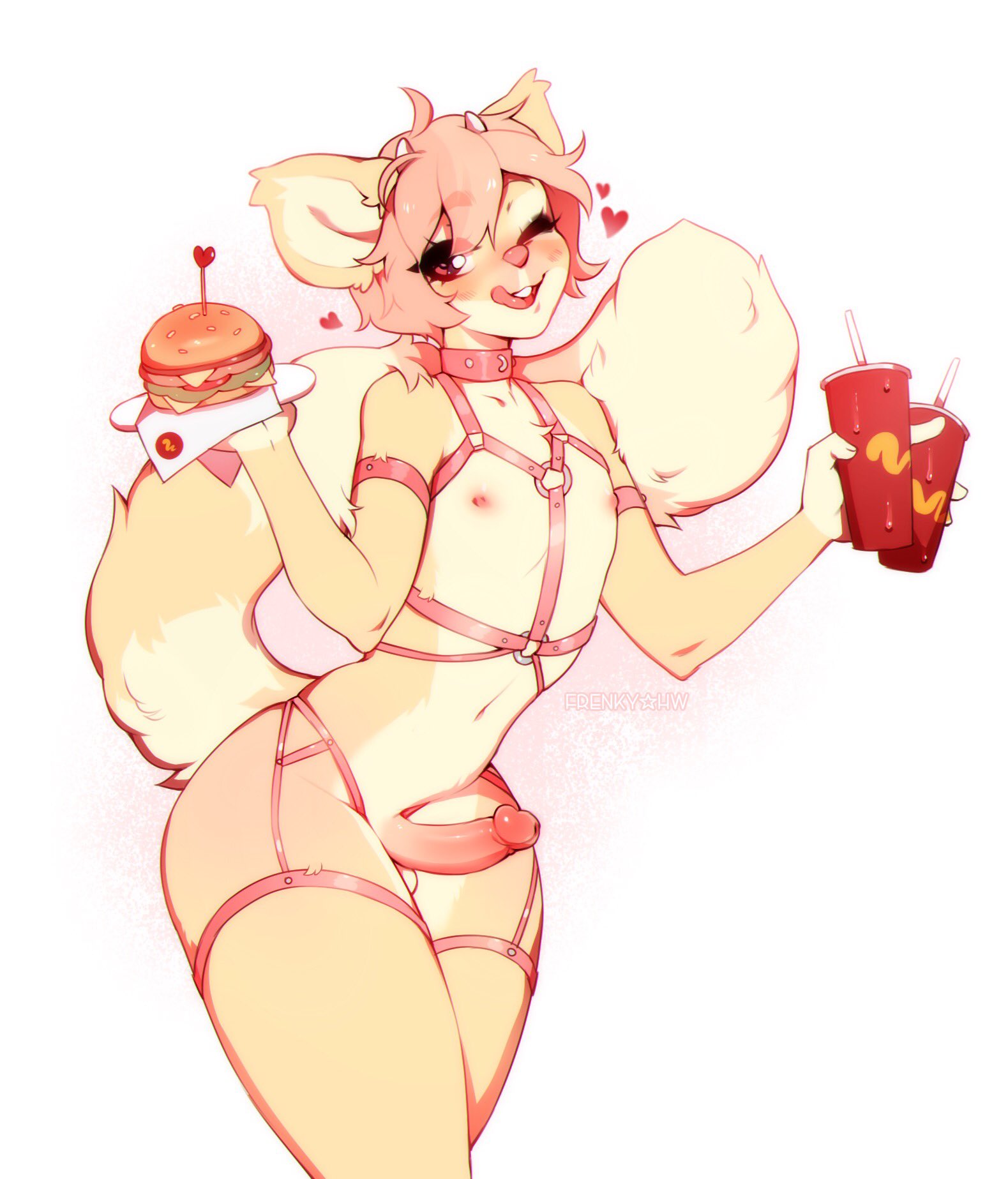 1boy, anthro, bondage, burger, cup, drink, erection, fast food, femboy, food, frenky hw, furry, girly, male, male only, nude, one eye closed, penis, pink hair, pose, simple background, solo, tail, thick thighs, tongue, tongue out, trap