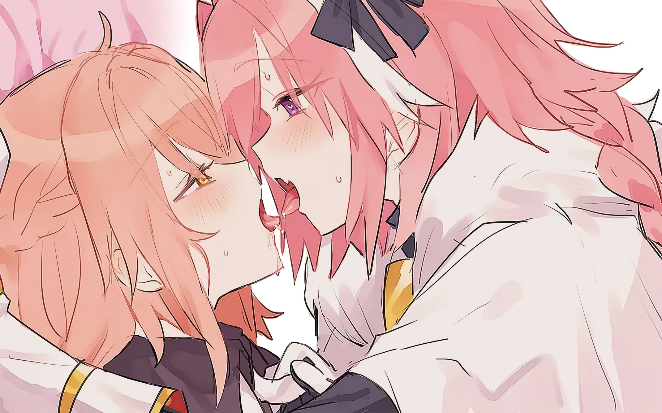 1boy, 1girls, astolfo (fate), crossdressing, fate (series), female, femboy, femboy on female, girly, kissing, koyashaka, male, mature, open mouth, original character, straight, tongue