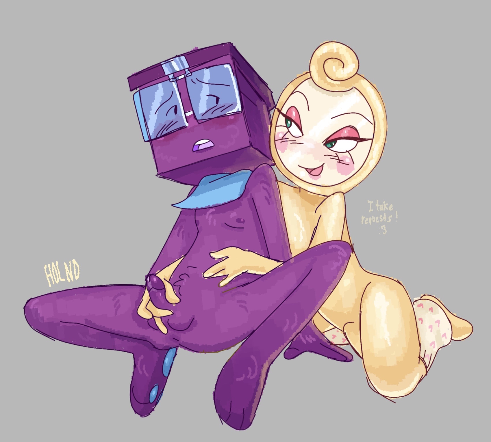 2boys, bandana, bandana on neck, bandana only, boxten (dandy's world), boxten (dandys world), dandy's world, dandys world, femboy, femboy on male, femboydom, feminine male, glasses, glisten (dandy's world), holding partner's hips, holnd, jerking, jerking off, jerking off another, jerkingoff, jerkingoff another, leg warmers, leg warmers only, legwarmers, looking at another, looking at each other, looking at partner, male, nerdy male, nerdy sub, pawpads, paws, request, roblox, roblox game